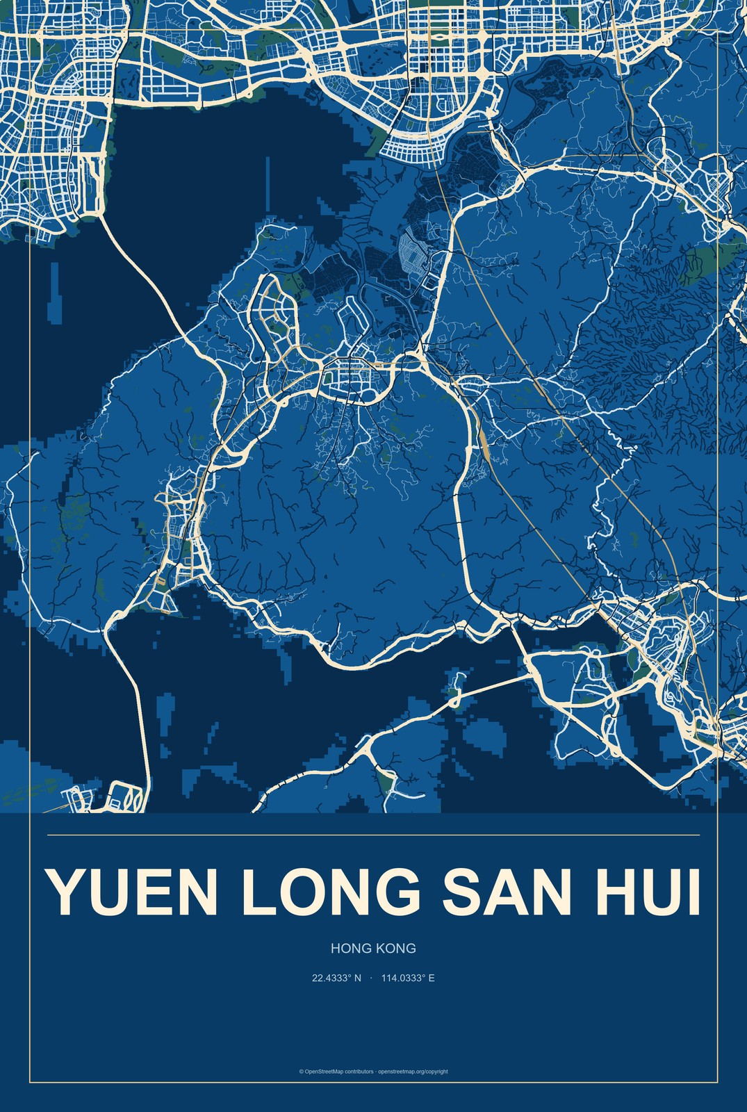 Yuen Long San Hui, Hong Kong City Map Aluminum Sign in Harbor Cobalt style