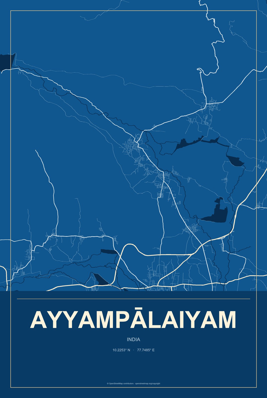 Ayyampālaiyam, India City Map Aluminum Sign in Harbor Cobalt style