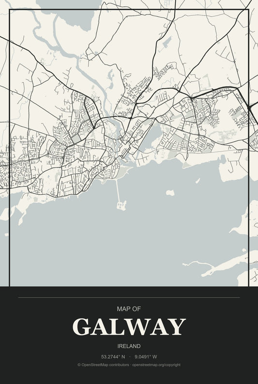 Galway, Ireland City Map Aluminum Sign in Museum Plaque style