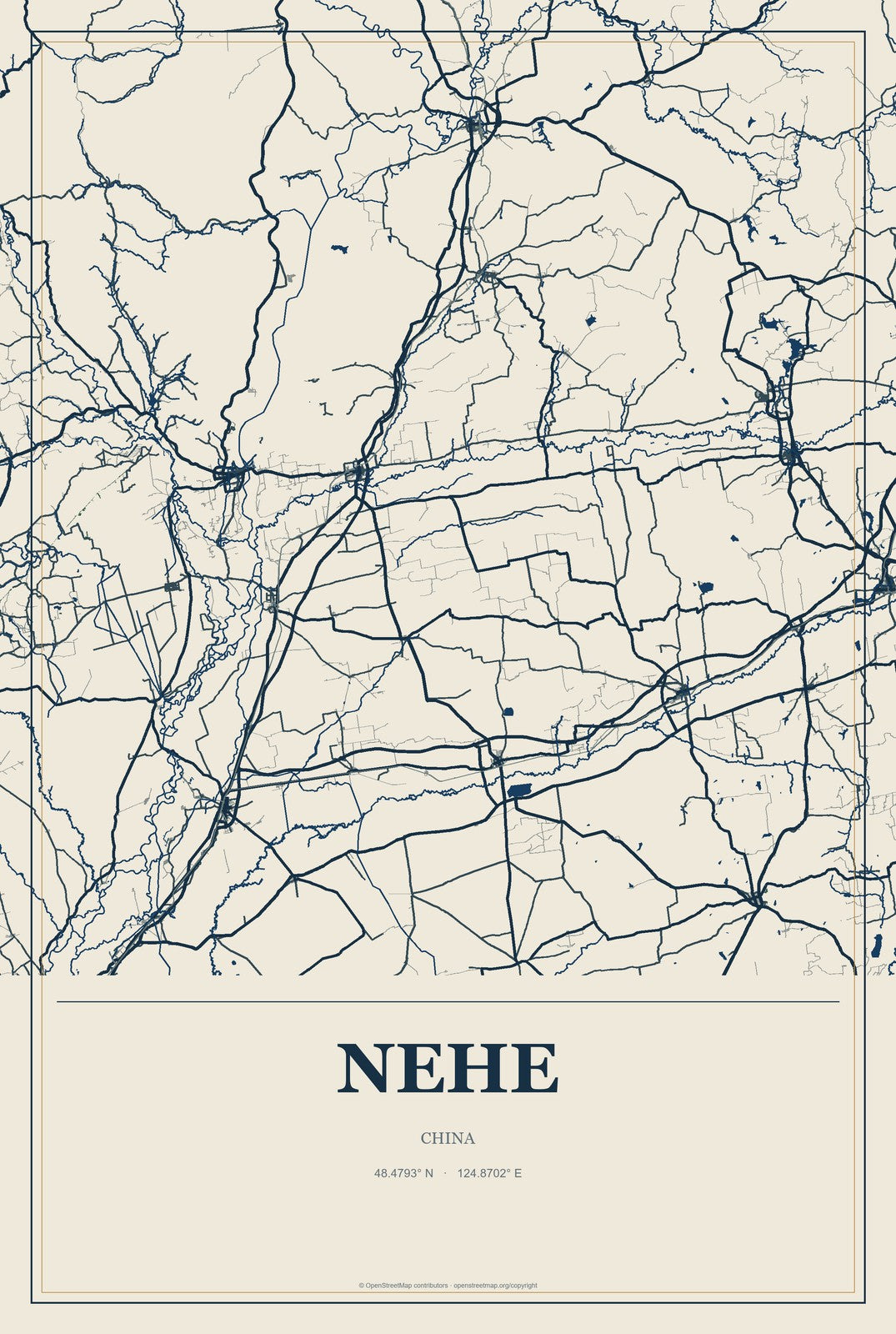 Nehe, China City Map Aluminum Sign in Coastal Cutout style