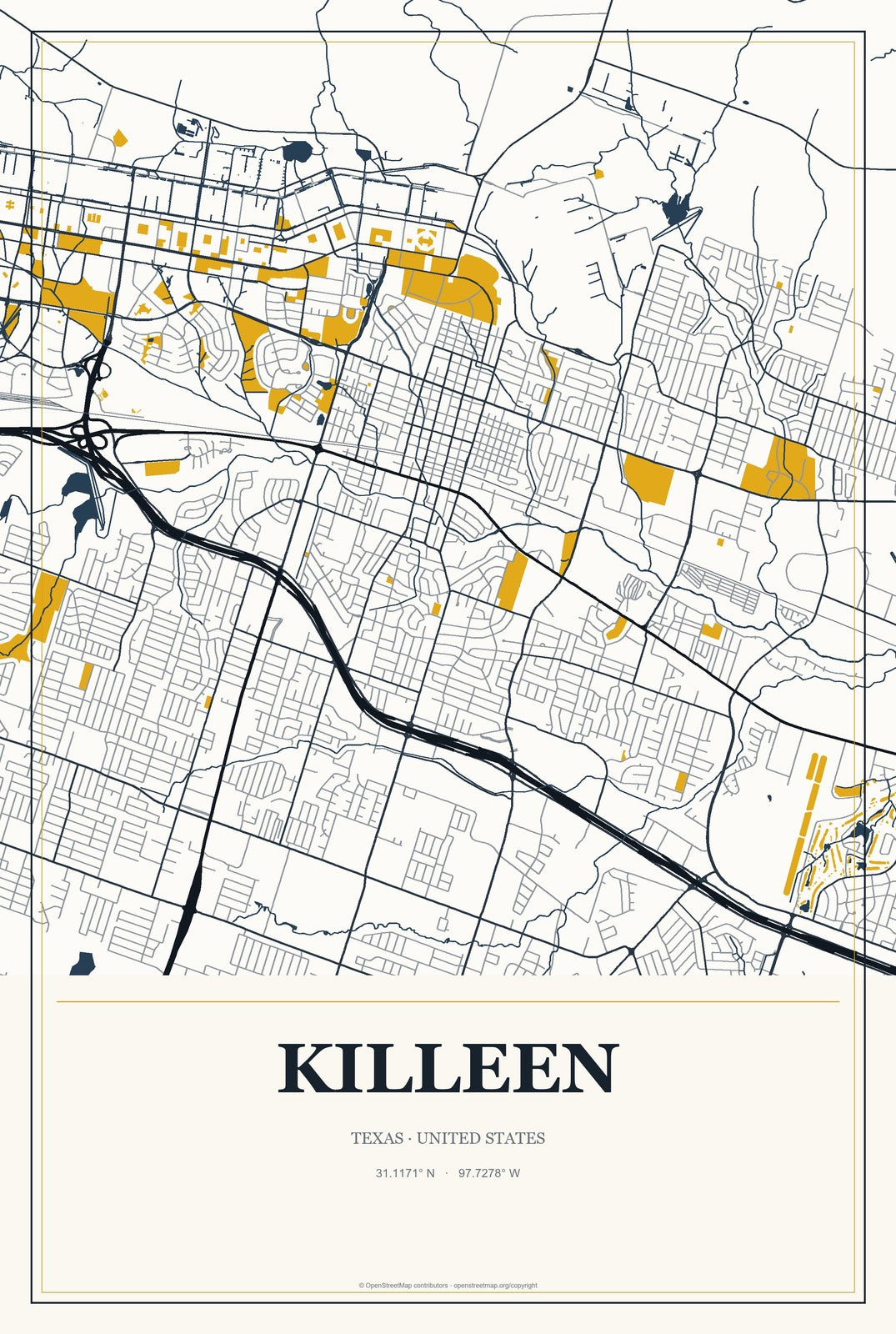 Killeen, Texas City Map Aluminum Sign in Citrine Modern style
