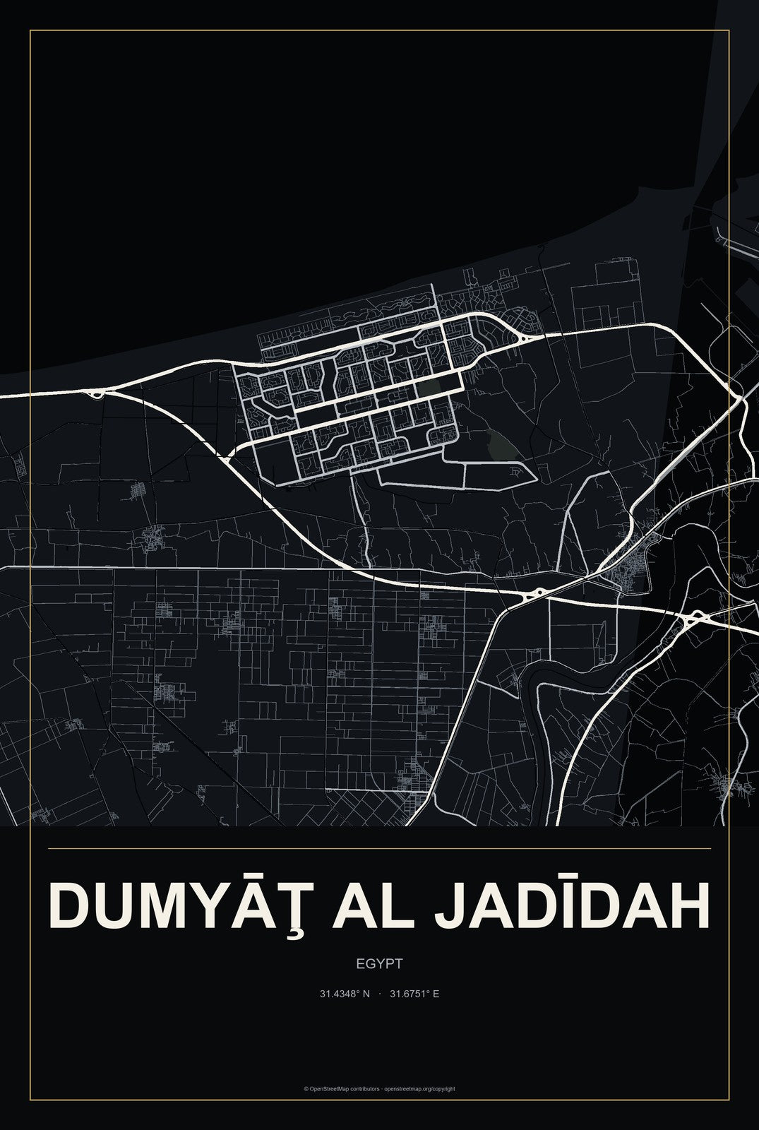 Dumyāţ al Jadīdah, Egypt City Map Aluminum Sign in Metropolitan Noir style