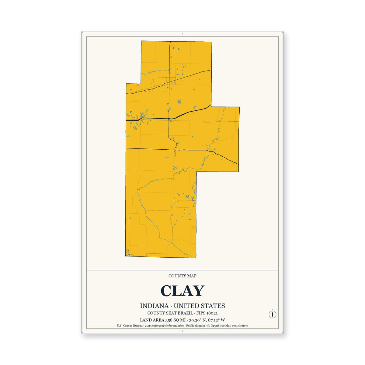 Clay County, Indiana Map Aluminum Sign in Citrine Modern style