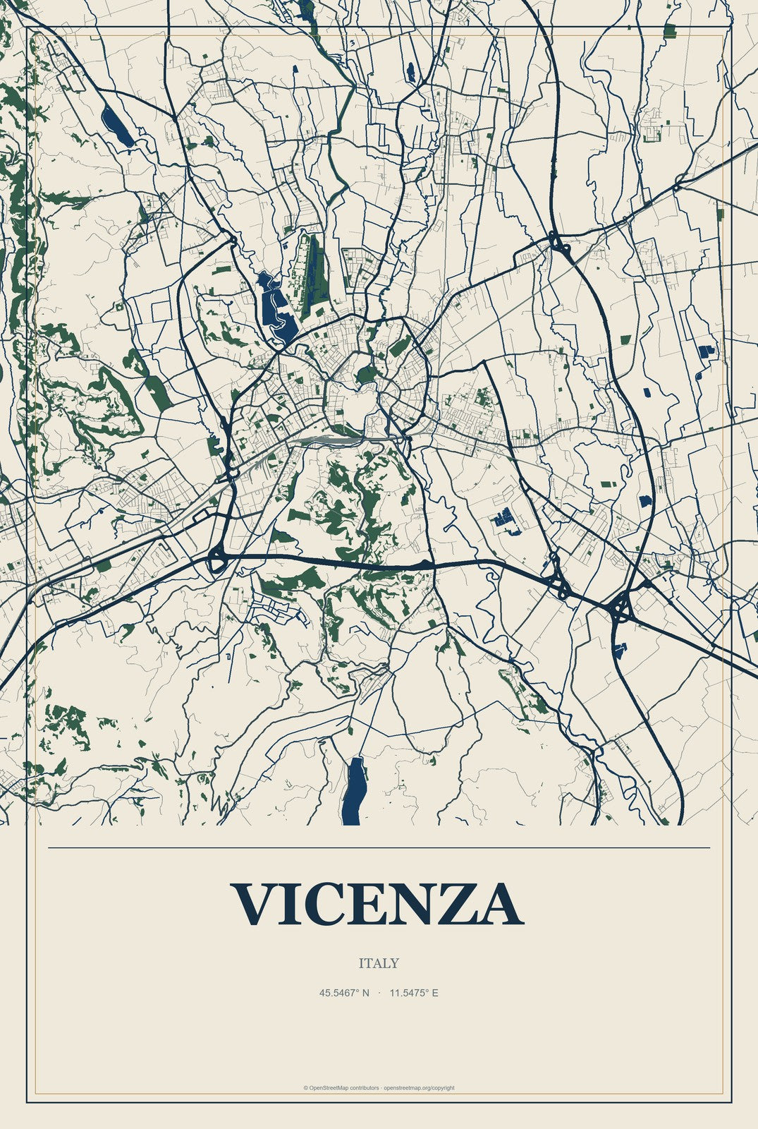 Vicenza, Italy City Map Aluminum Sign in Coastal Cutout style