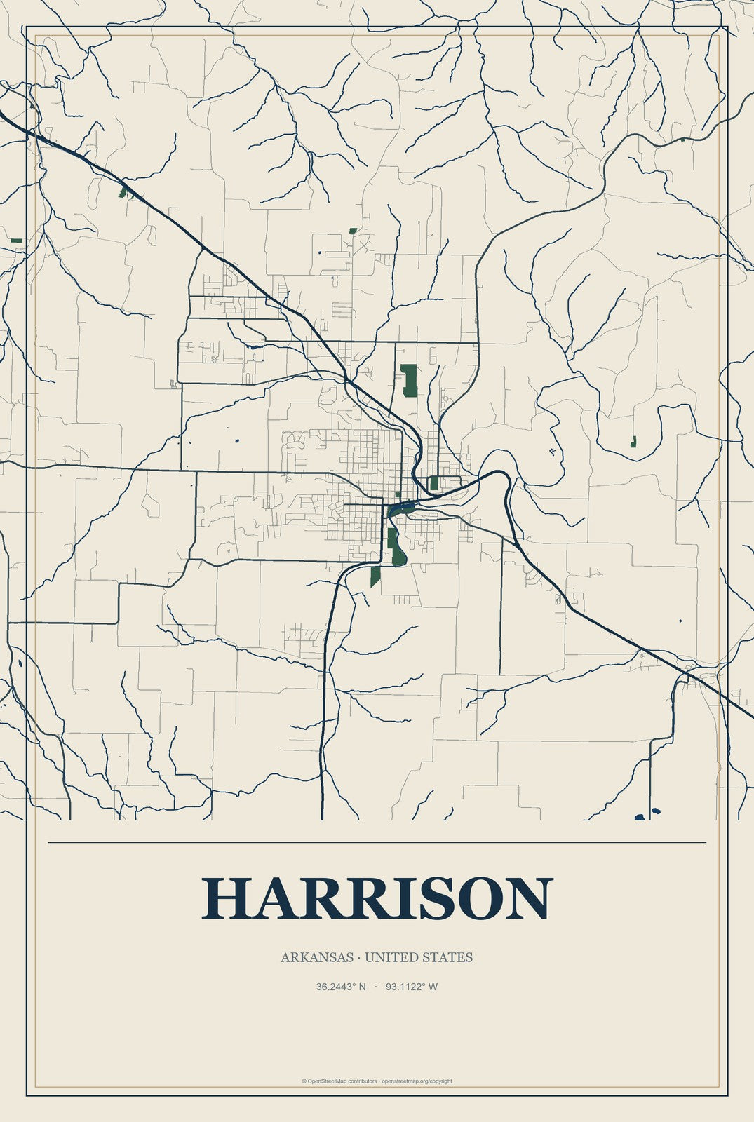 Harrison, Arkansas City Map Aluminum Sign in Coastal Cutout style