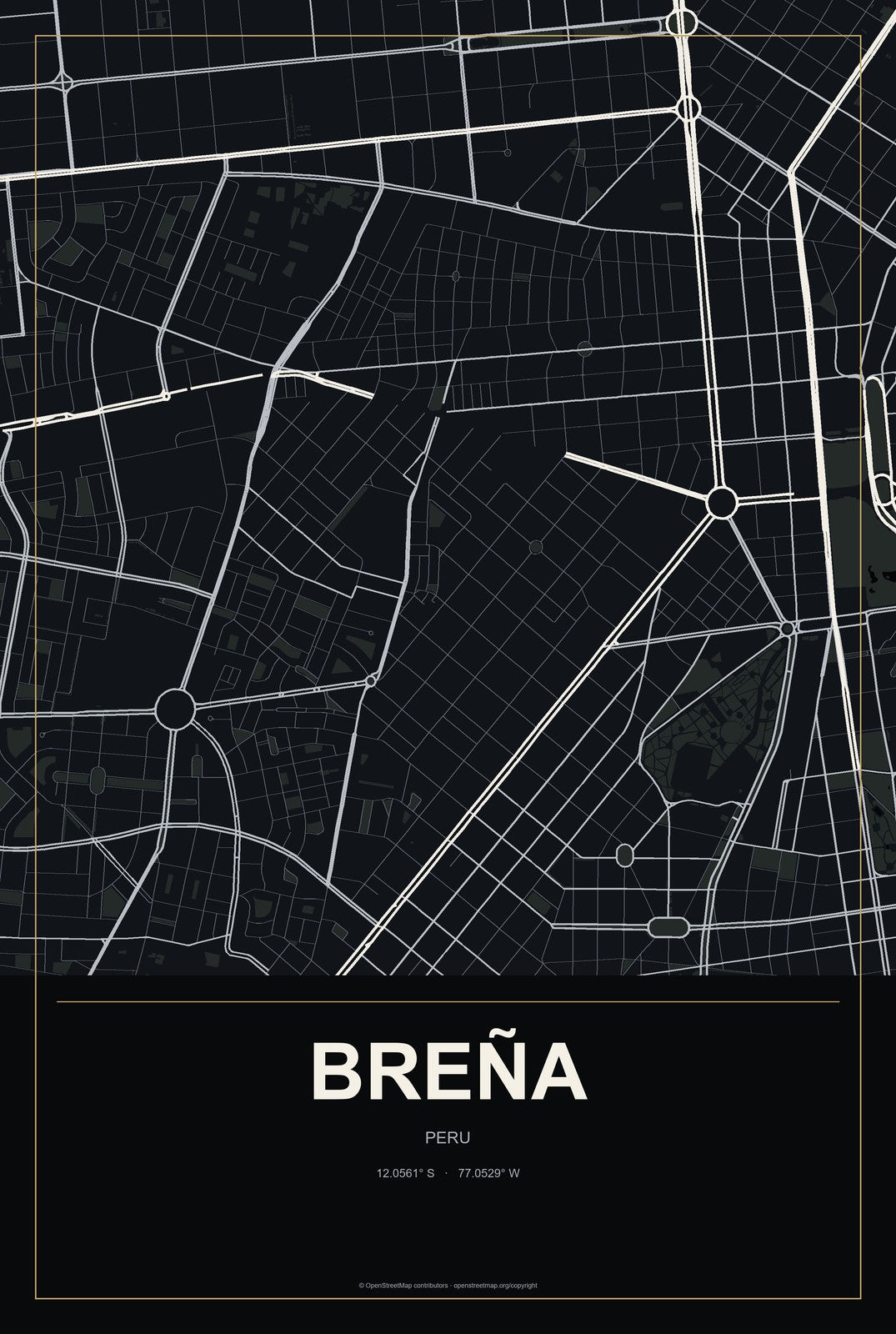Breña, Peru City Map Aluminum Sign in Metropolitan Noir style