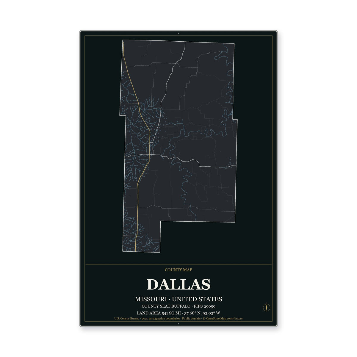 Dallas County, Missouri Map Aluminum Sign in Metropolitan Noir style