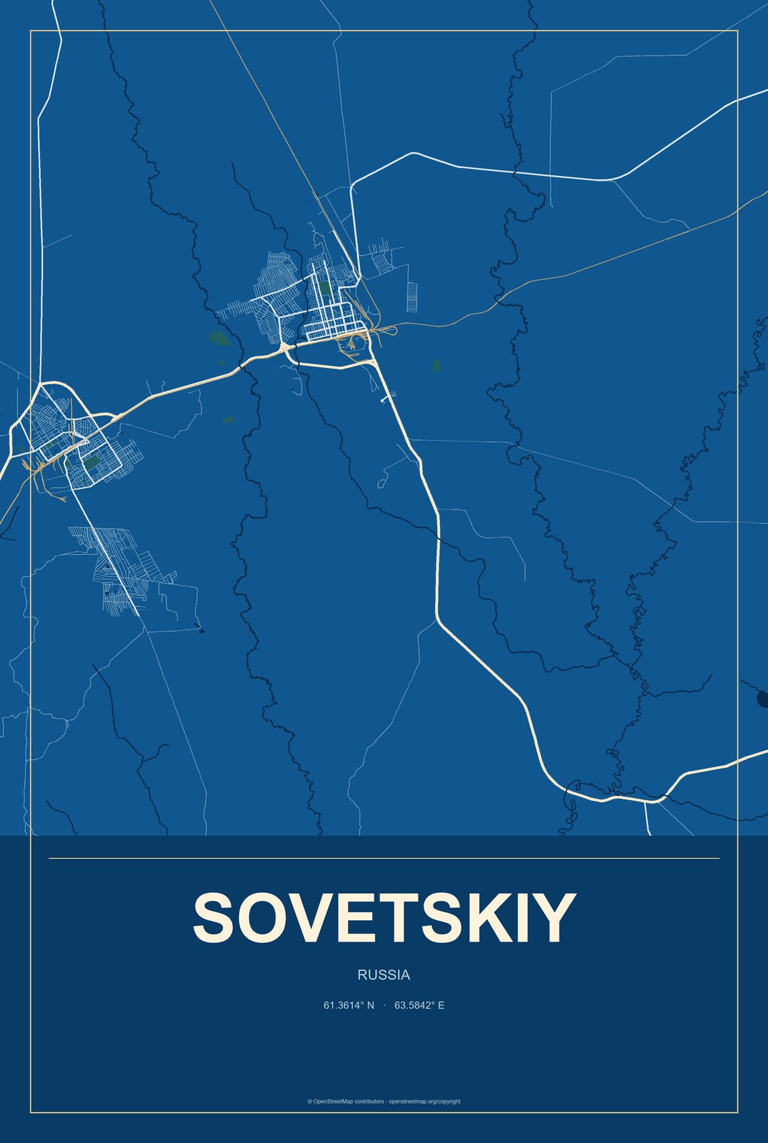 Sovetskiy, Khanty-Mansia, Russia City Map Aluminum Sign in Harbor Cobalt style