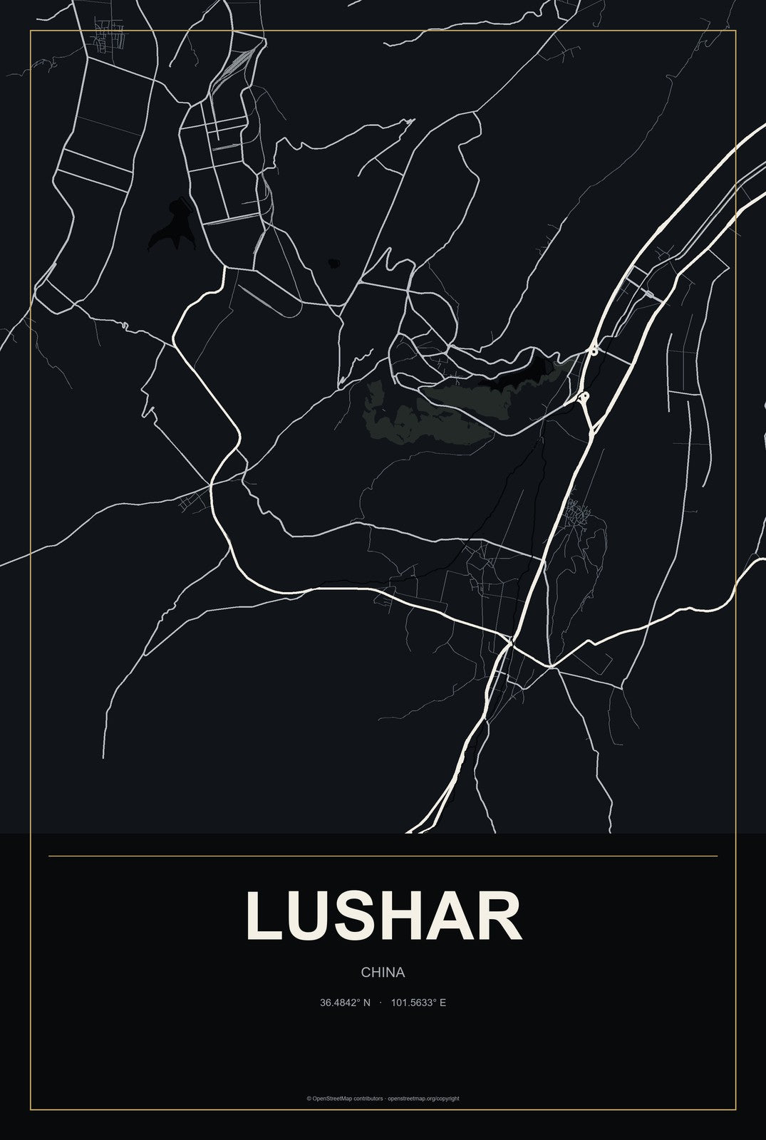 Lushar, China City Map Aluminum Sign in Metropolitan Noir style