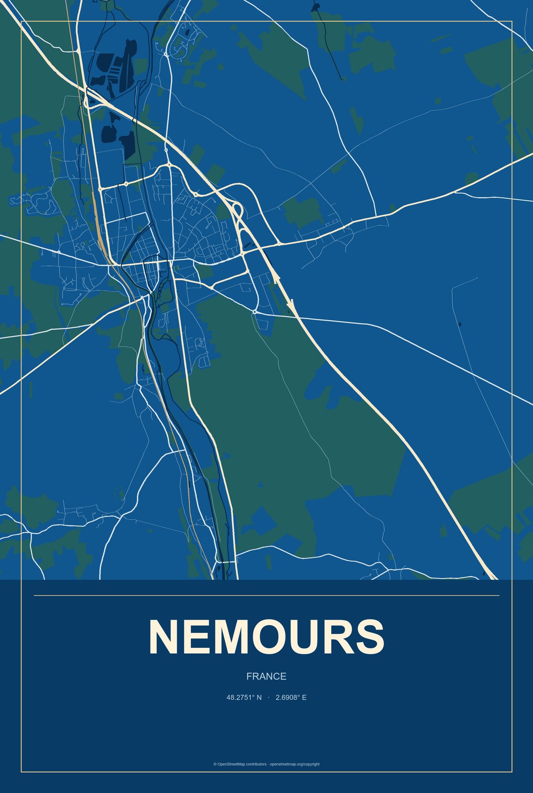 Nemours, France City Map Aluminum Sign in Harbor Cobalt style