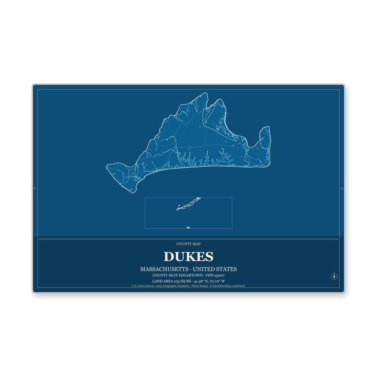 Dukes County, Massachusetts Map Aluminum Sign in Harbor Cobalt style