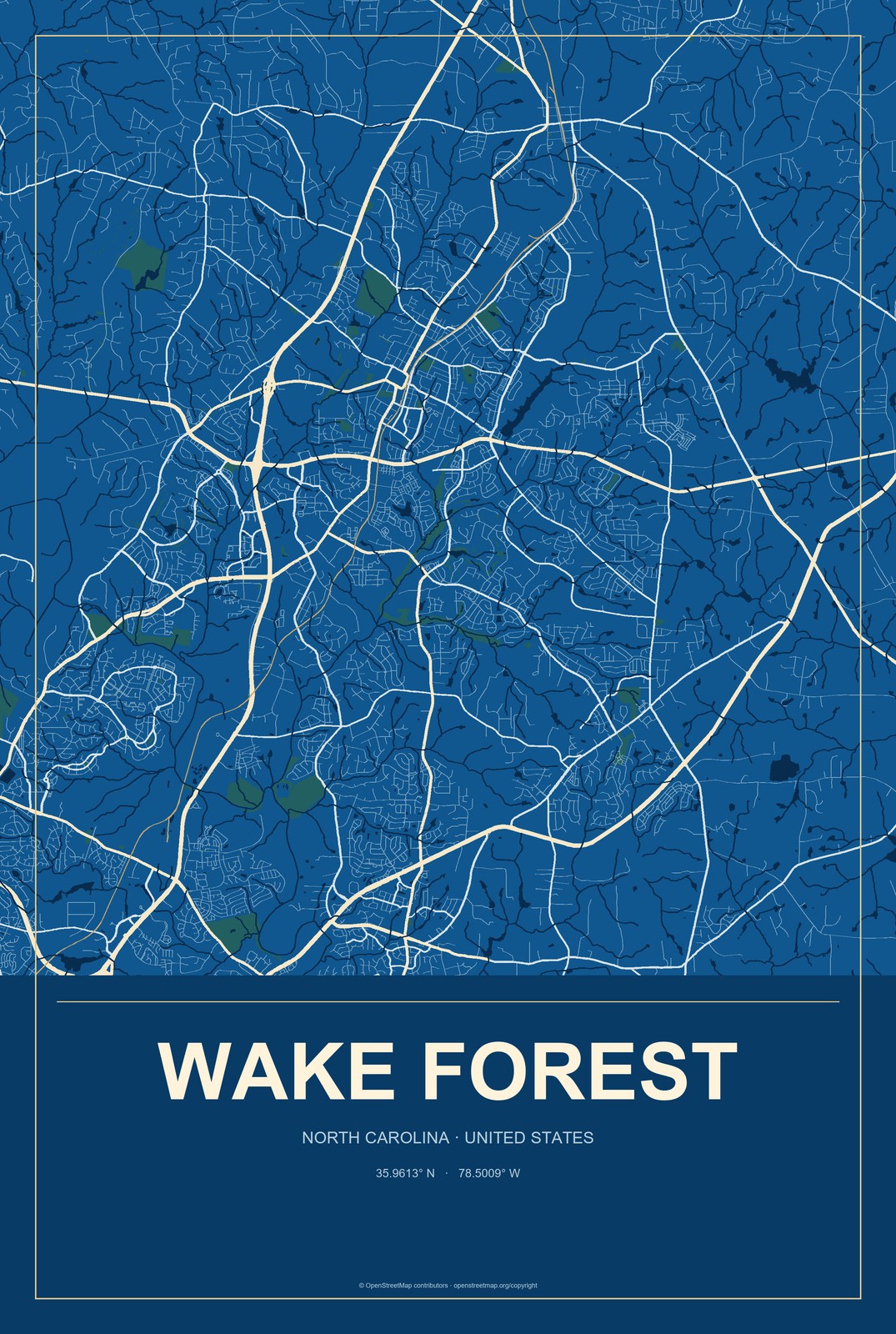 Wake Forest, North Carolina City Map Aluminum Sign in Harbor Cobalt style