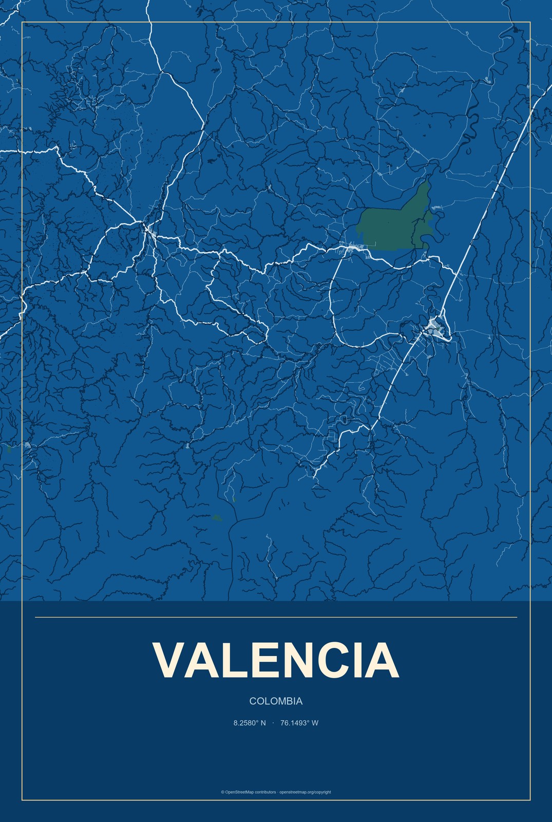 Valencia, Colombia City Map Aluminum Sign in Harbor Cobalt style