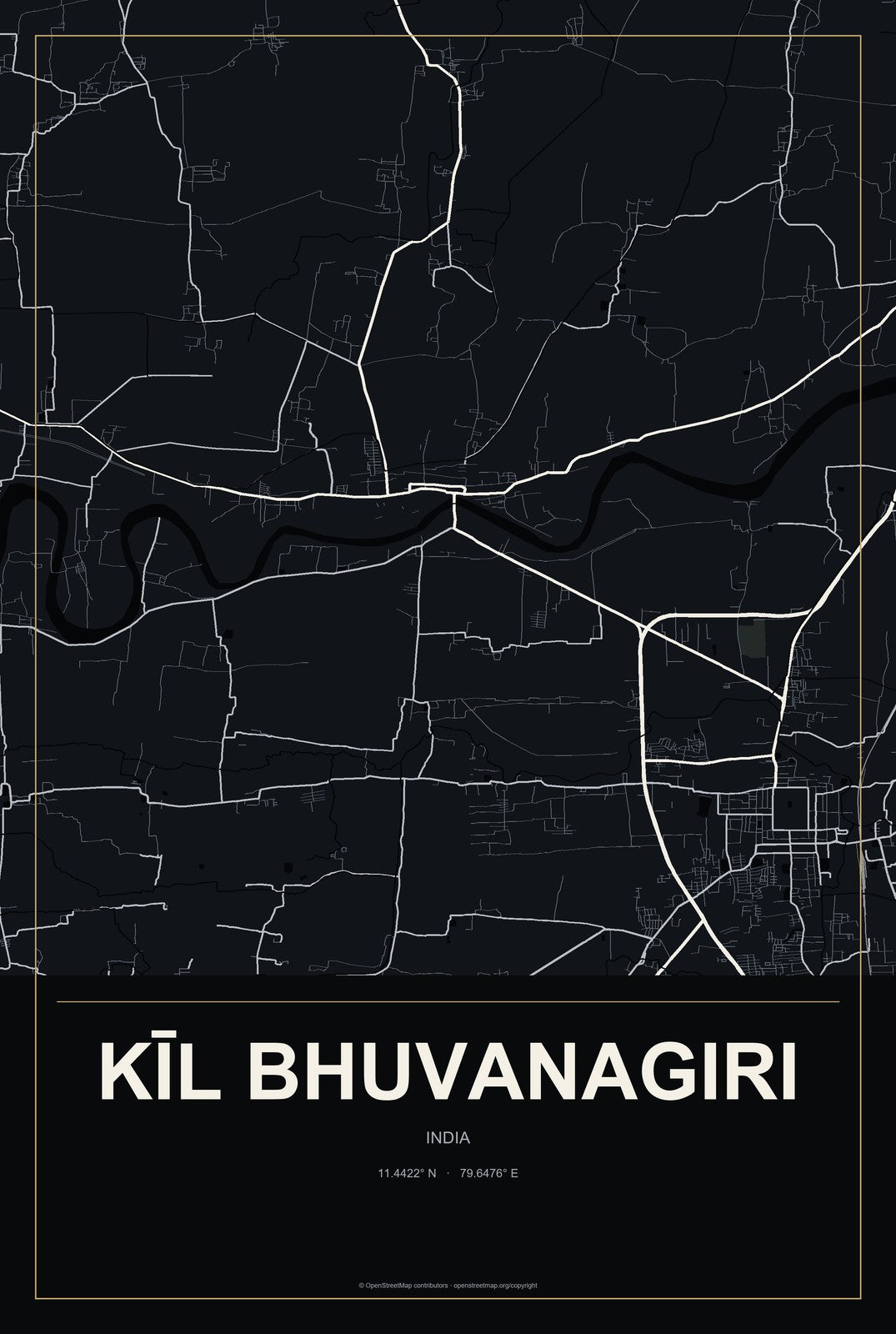 Kīl Bhuvanagiri, India City Map Aluminum Sign in Metropolitan Noir style