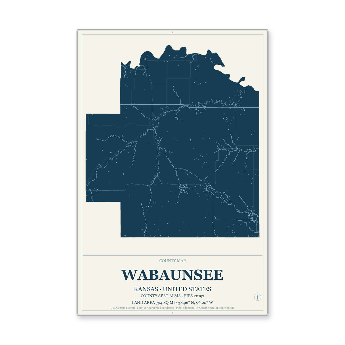 Wabaunsee County, Kansas Map Aluminum Sign in Coastal Cutout style
