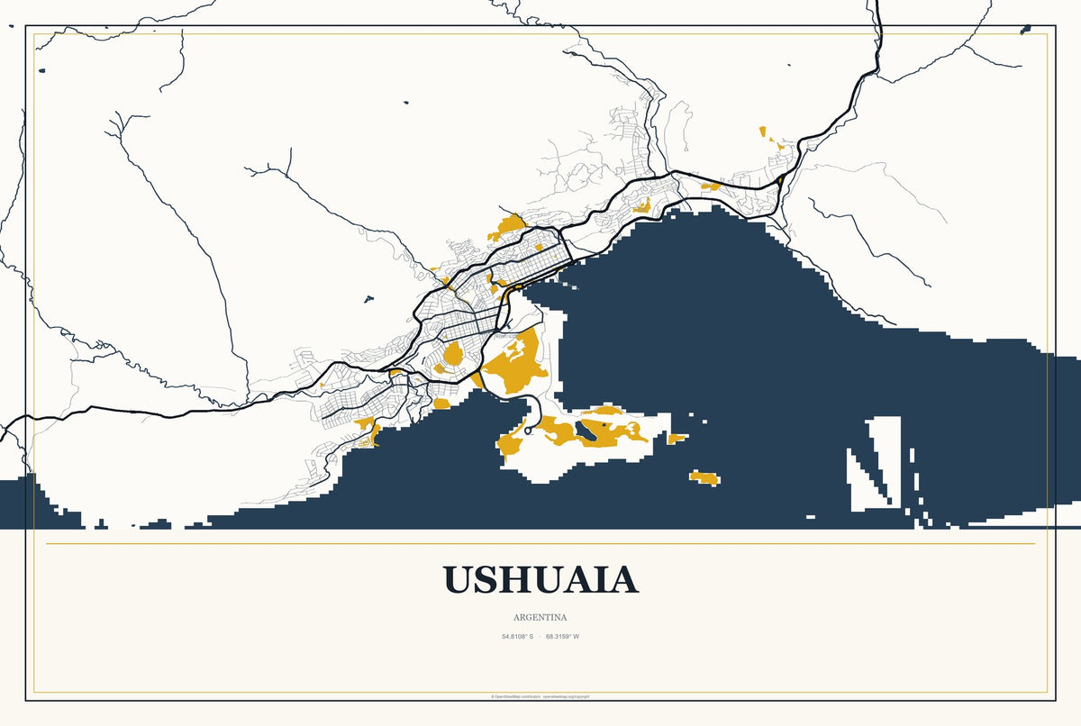 Ushuaia, Argentina City Map Aluminum Sign in Citrine Modern style