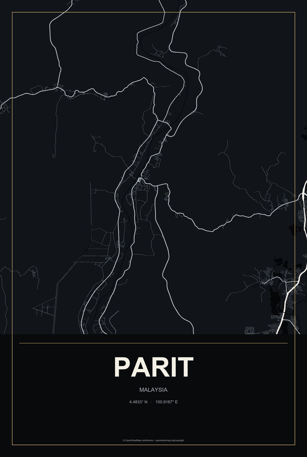 Parit, Malaysia City Map Aluminum Sign in Metropolitan Noir style