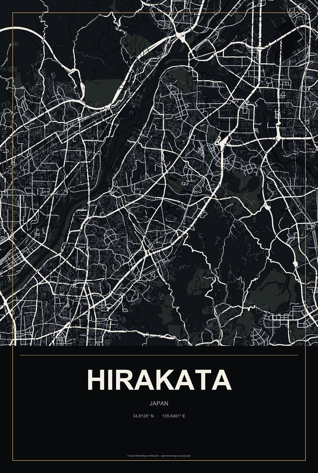 Hirakata, Japan City Map Aluminum Sign in Metropolitan Noir style
