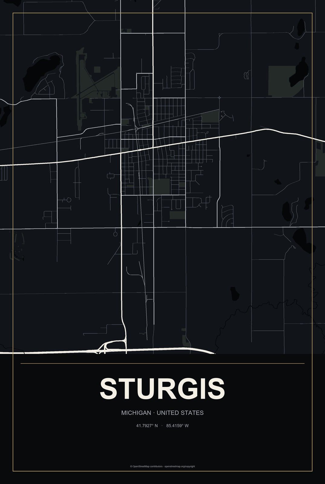 Sturgis, Michigan City Map Aluminum Sign in Metropolitan Noir style