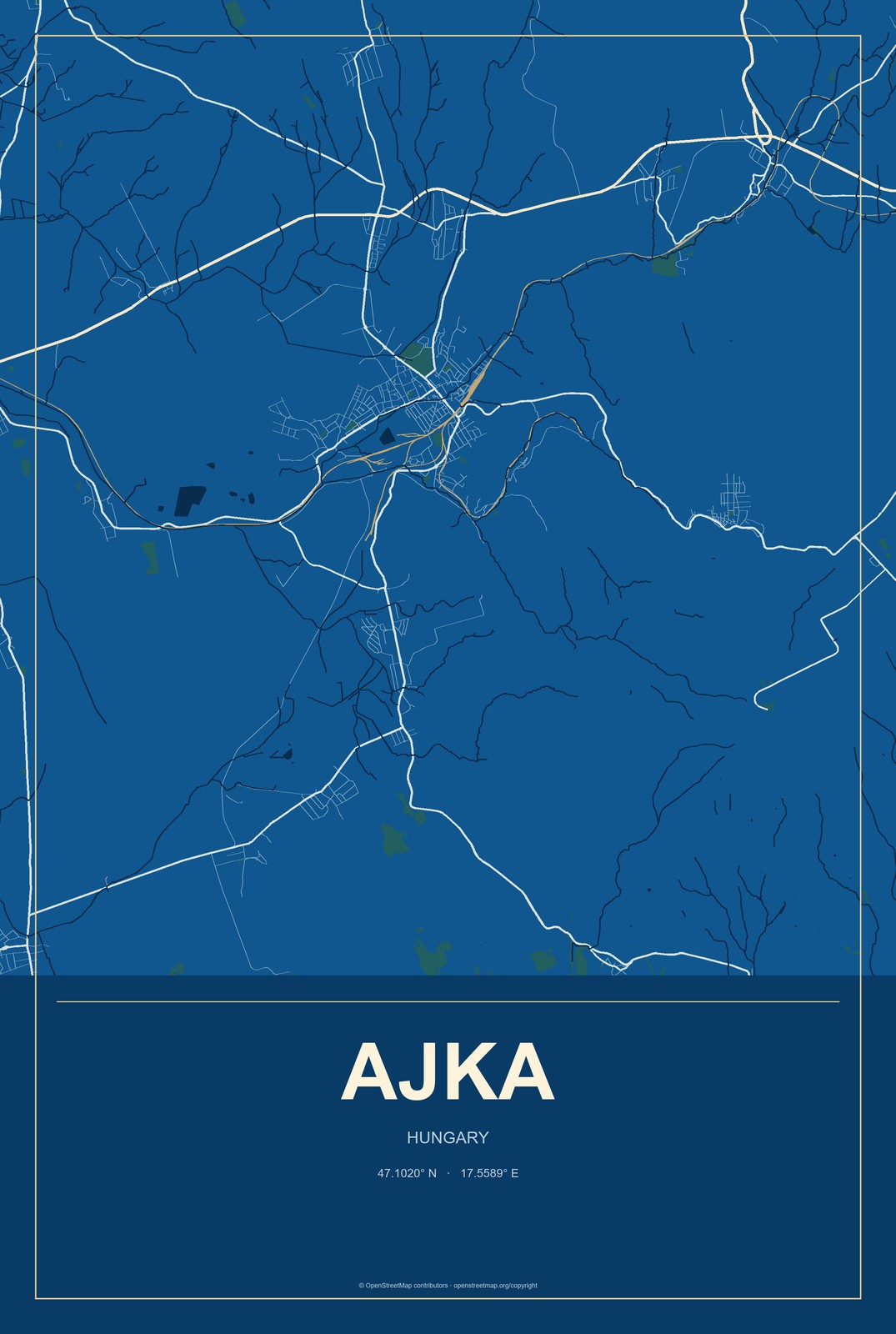 Ajka, Hungary City Map Aluminum Sign in Harbor Cobalt style