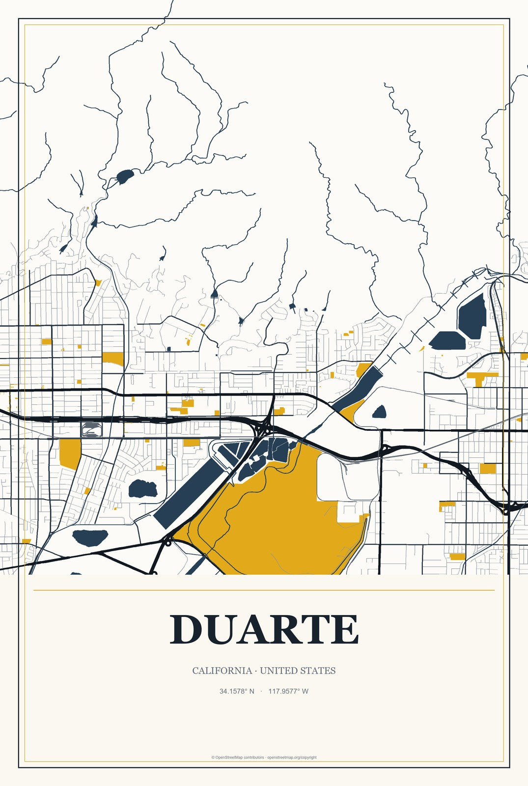 Duarte, California City Map Aluminum Sign in Citrine Modern style