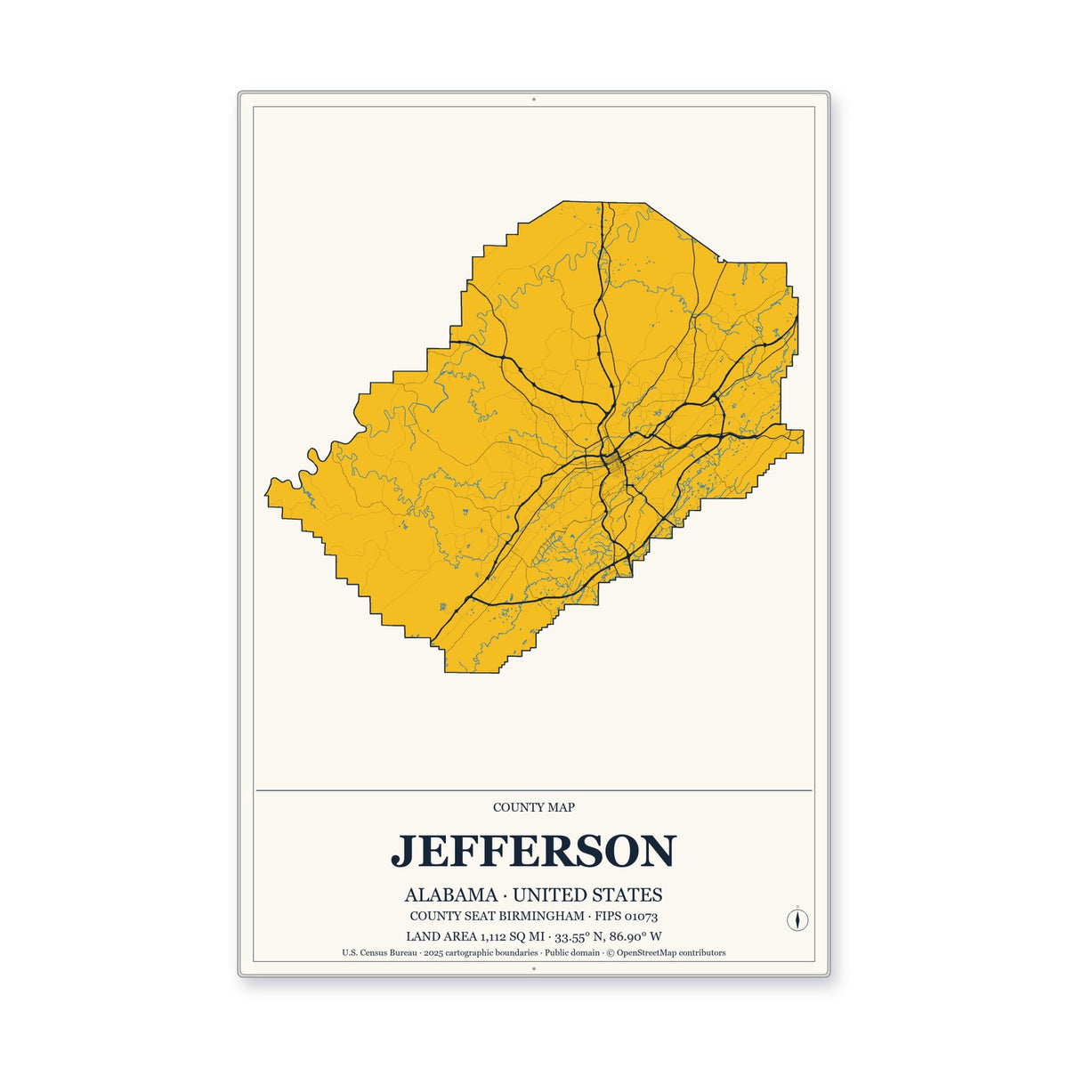 Jefferson County, Alabama Map Aluminum Sign in Citrine Modern style