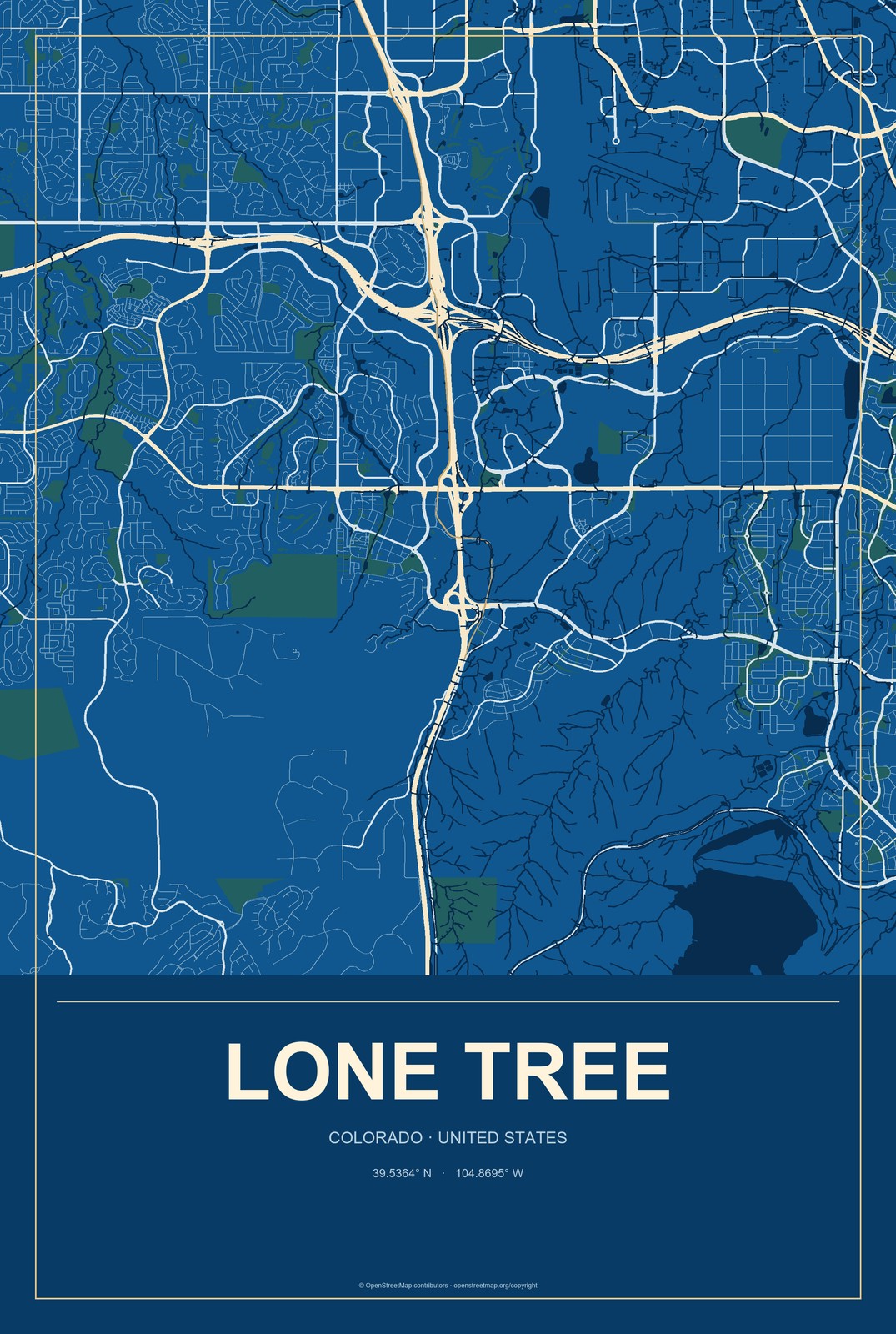Lone Tree, Colorado City Map Aluminum Sign in Harbor Cobalt style