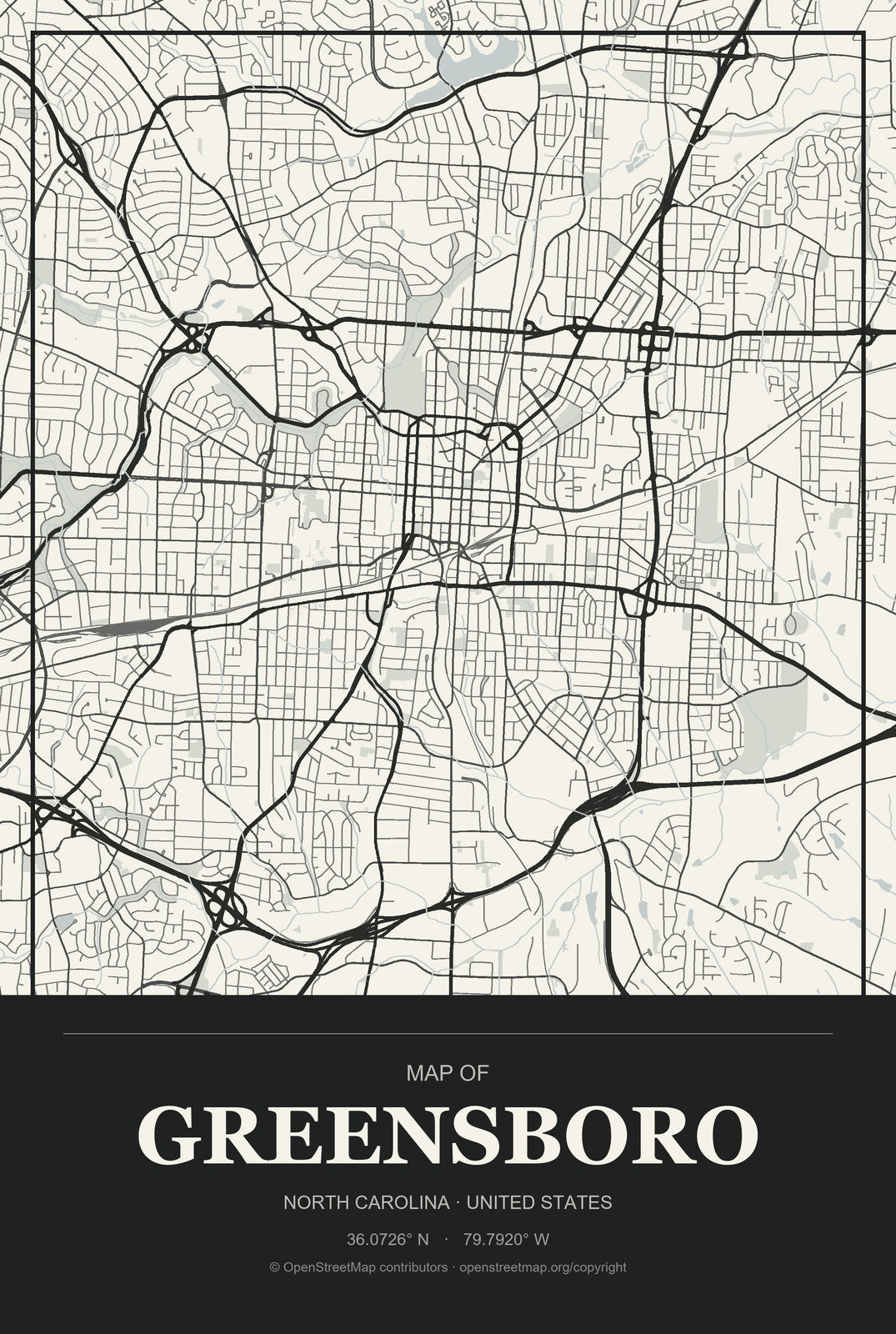 Greensboro, North Carolina City Map Aluminum Sign in Museum Plaque style