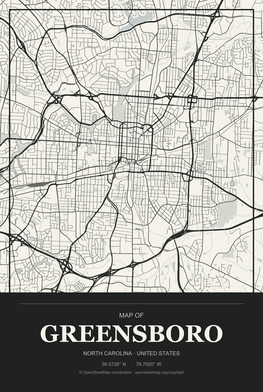 Greensboro, North Carolina City Map Aluminum Sign in Museum Plaque style