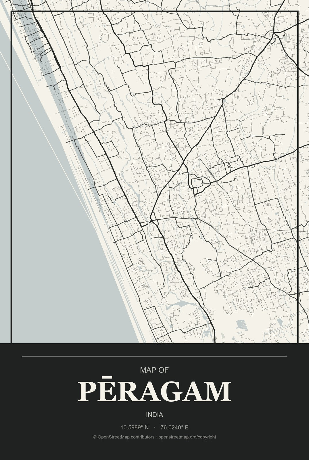 Pēragam, India City Map Aluminum Sign in Museum Plaque style