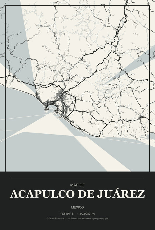 Acapulco de Juárez, Mexico City Map Aluminum Sign in Museum Plaque style