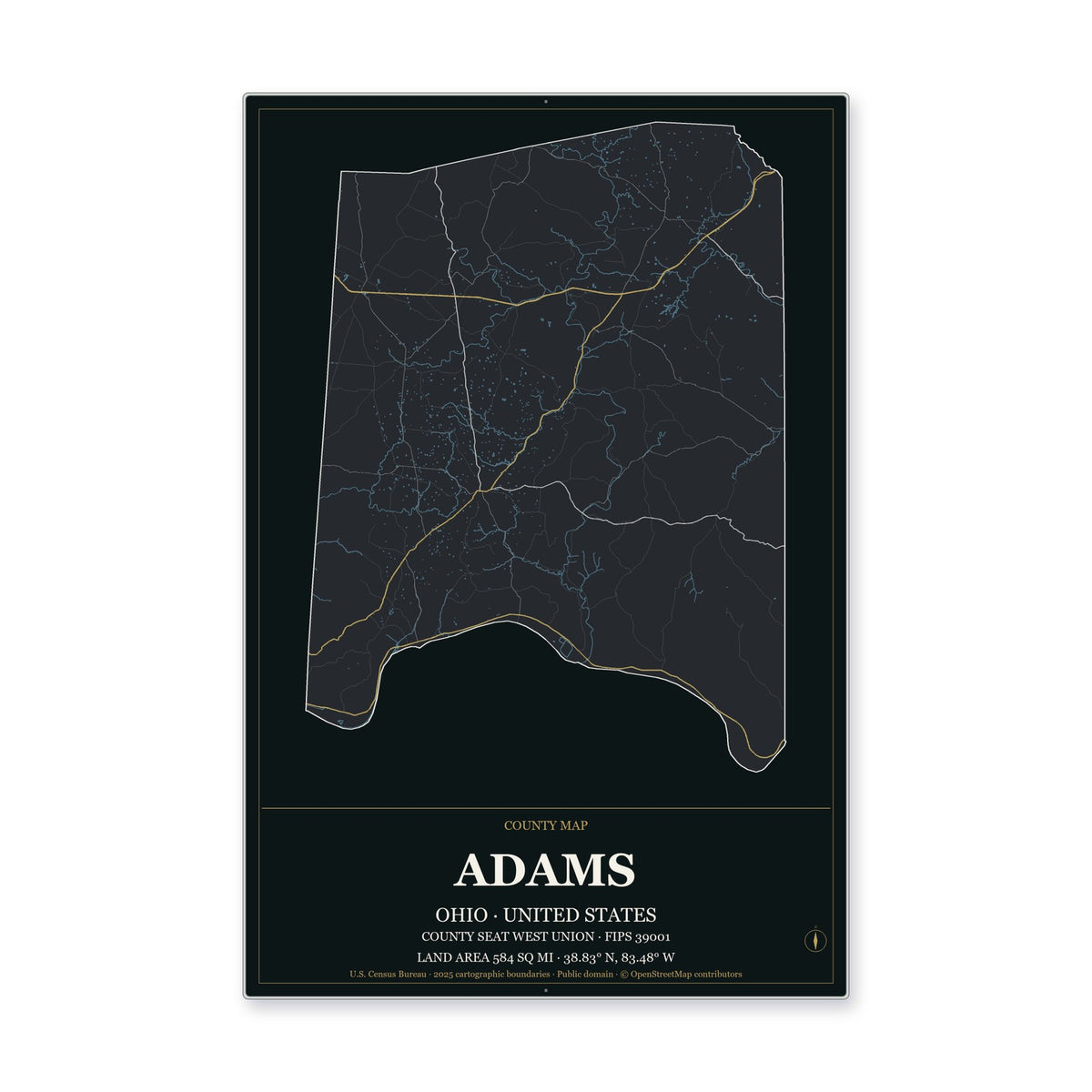 Adams County, Ohio Map Aluminum Sign in Metropolitan Noir style