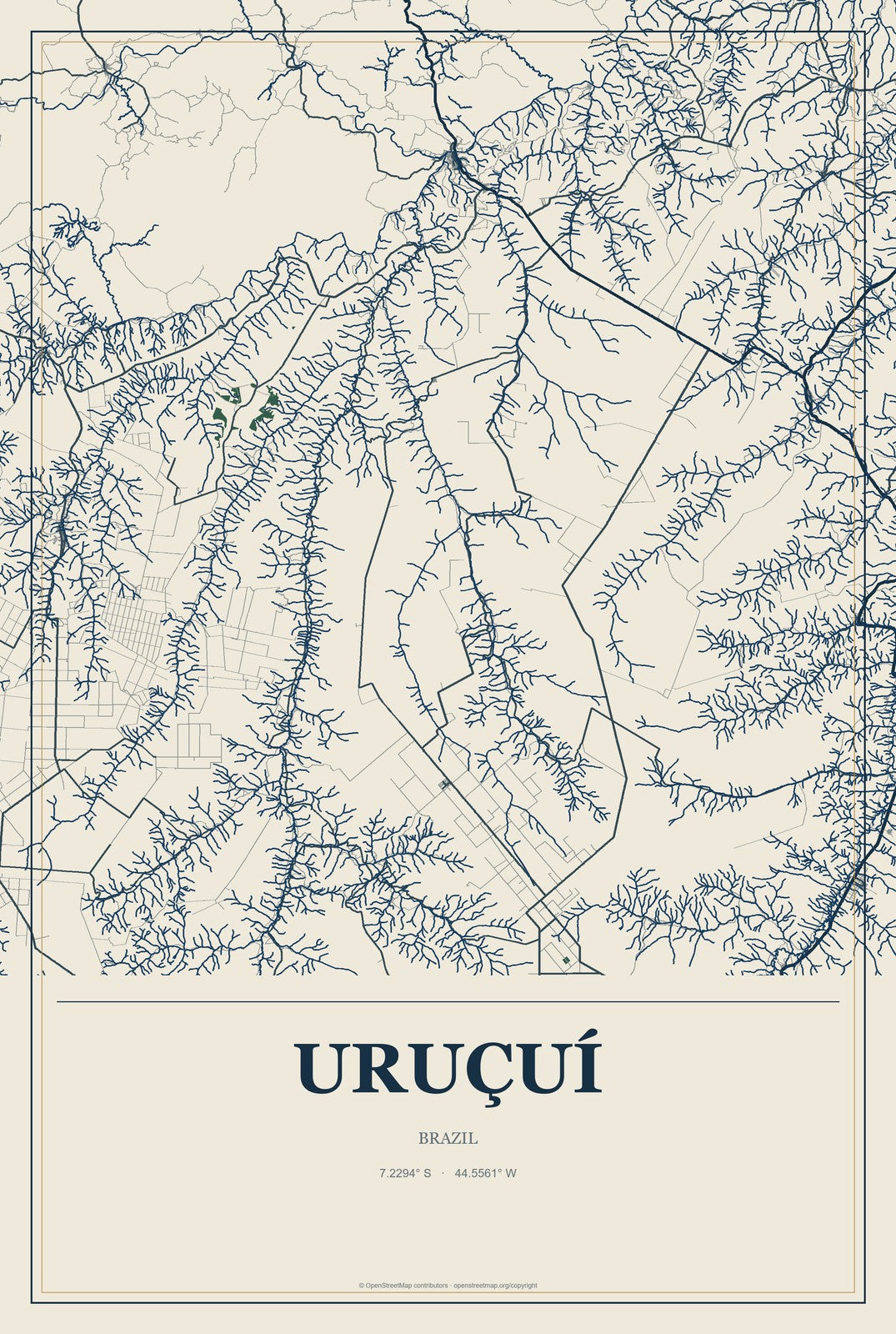 Uruçuí, Brazil City Map Aluminum Sign in Coastal Cutout style