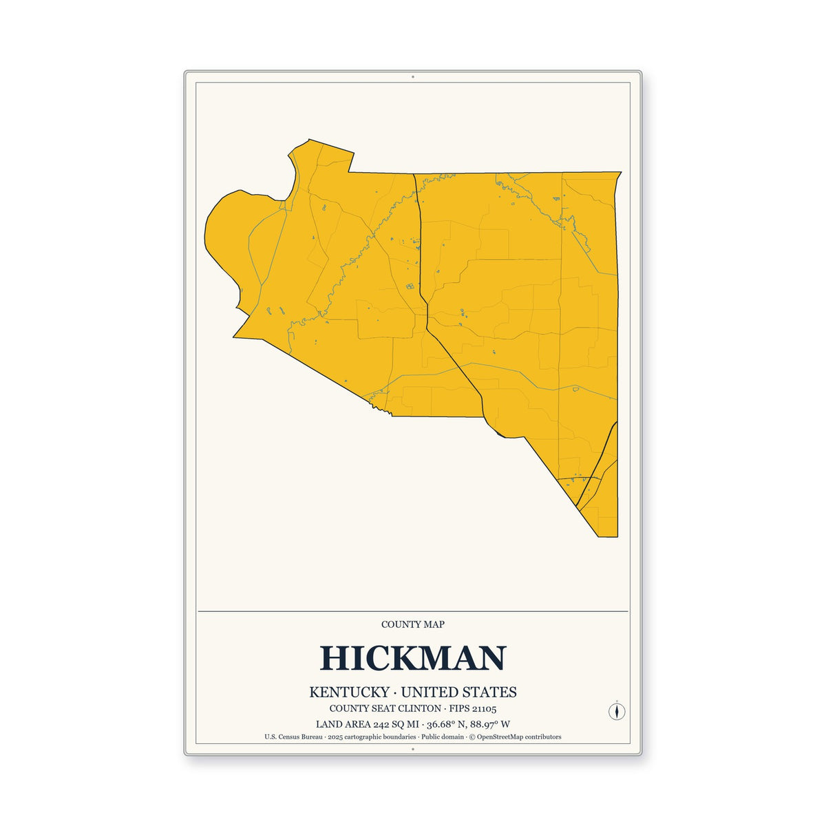 Hickman County, Kentucky Map Aluminum Sign in Citrine Modern style