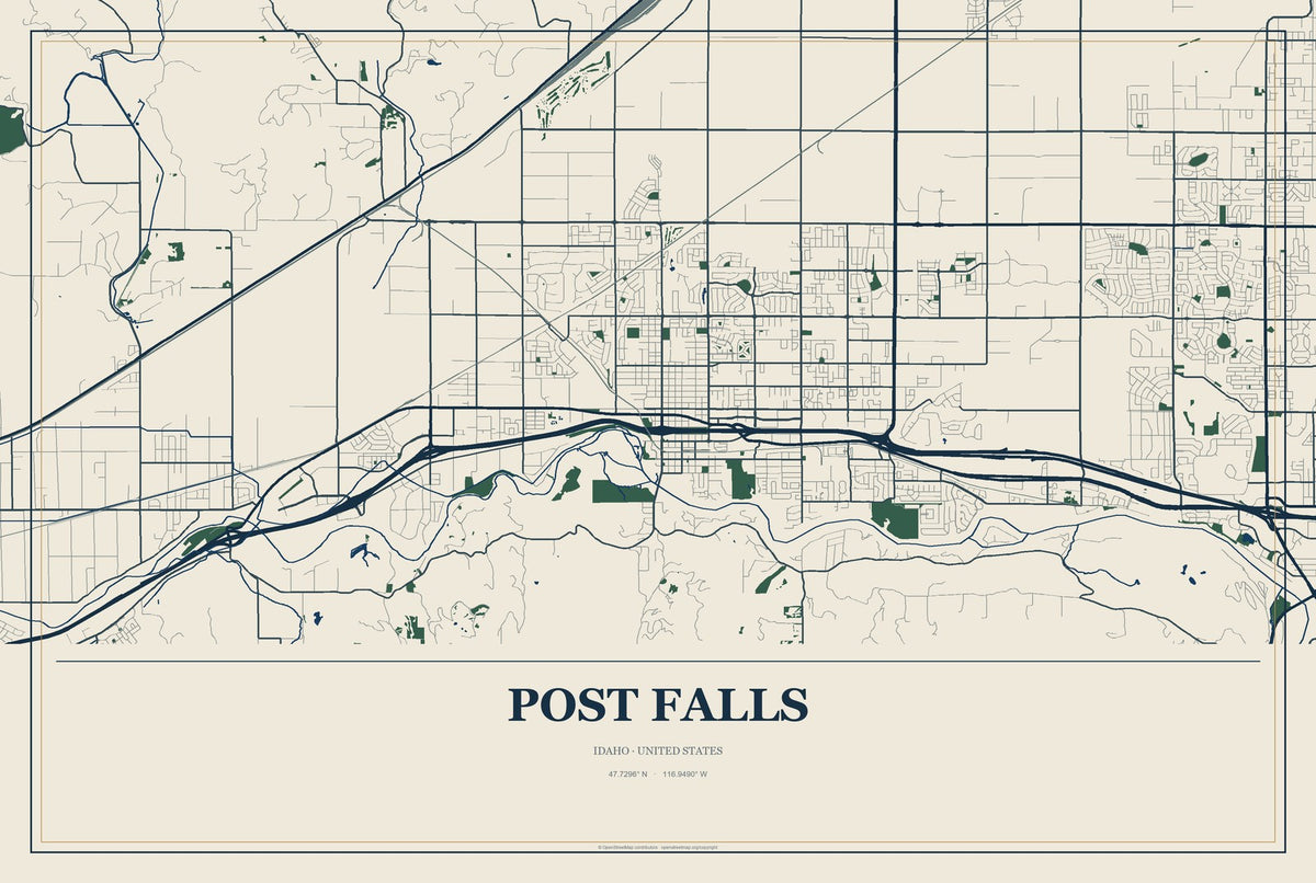 Post Falls, Idaho City Map Aluminum Sign in Coastal Cutout style