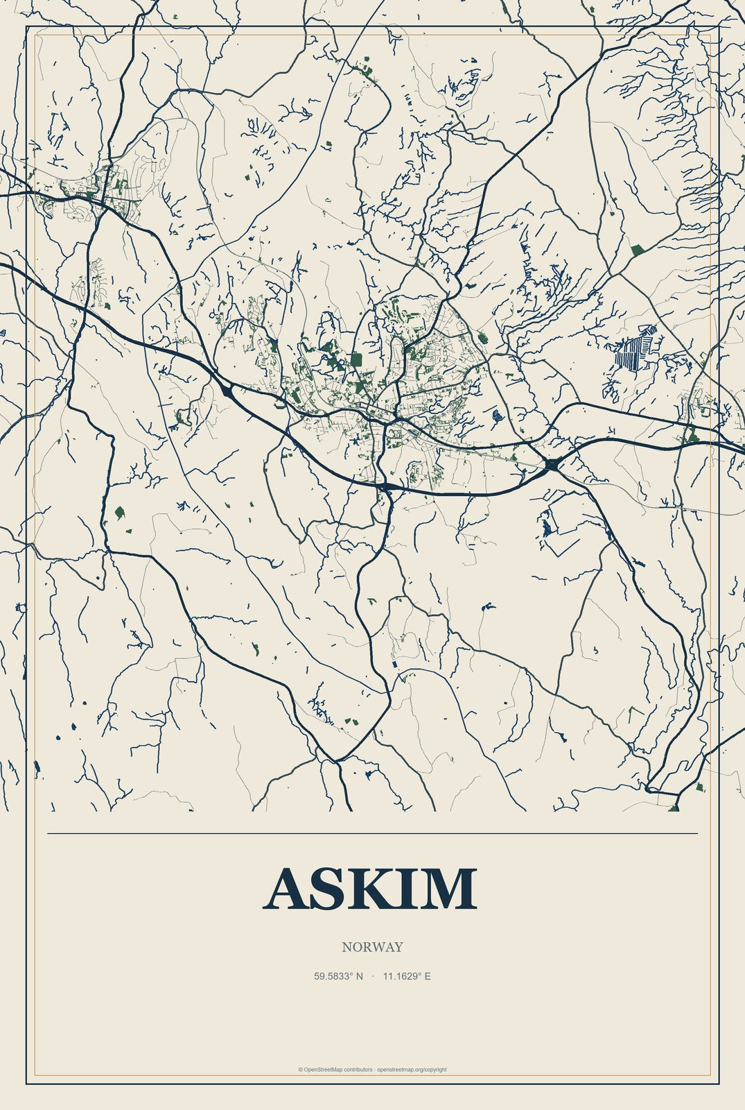 Askim, Norway City Map Aluminum Sign in Coastal Cutout style