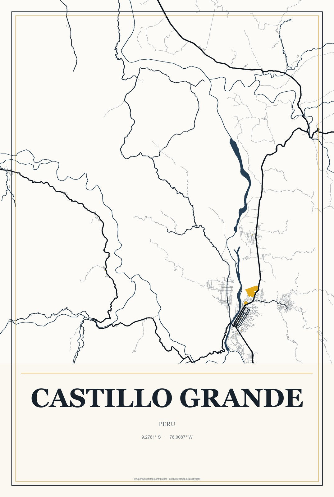 Castillo Grande, Peru City Map Aluminum Sign in Citrine Modern style