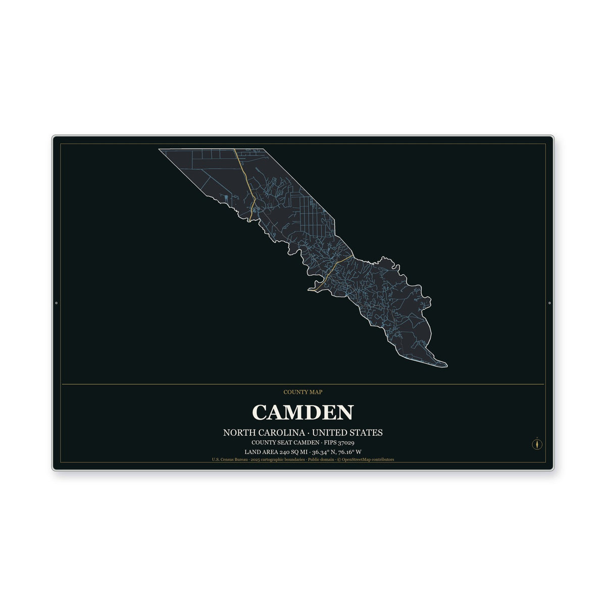 Camden County, North Carolina Map Aluminum Sign in Metropolitan Noir style