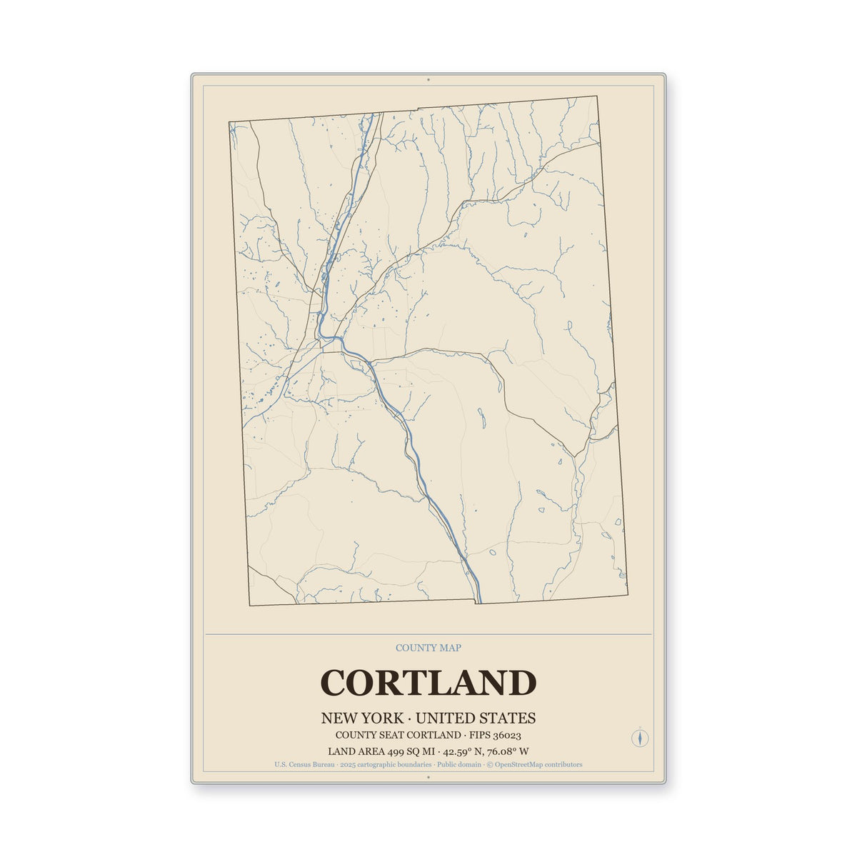 Cortland County, New York Map Aluminum Sign in Heritage Nautical style