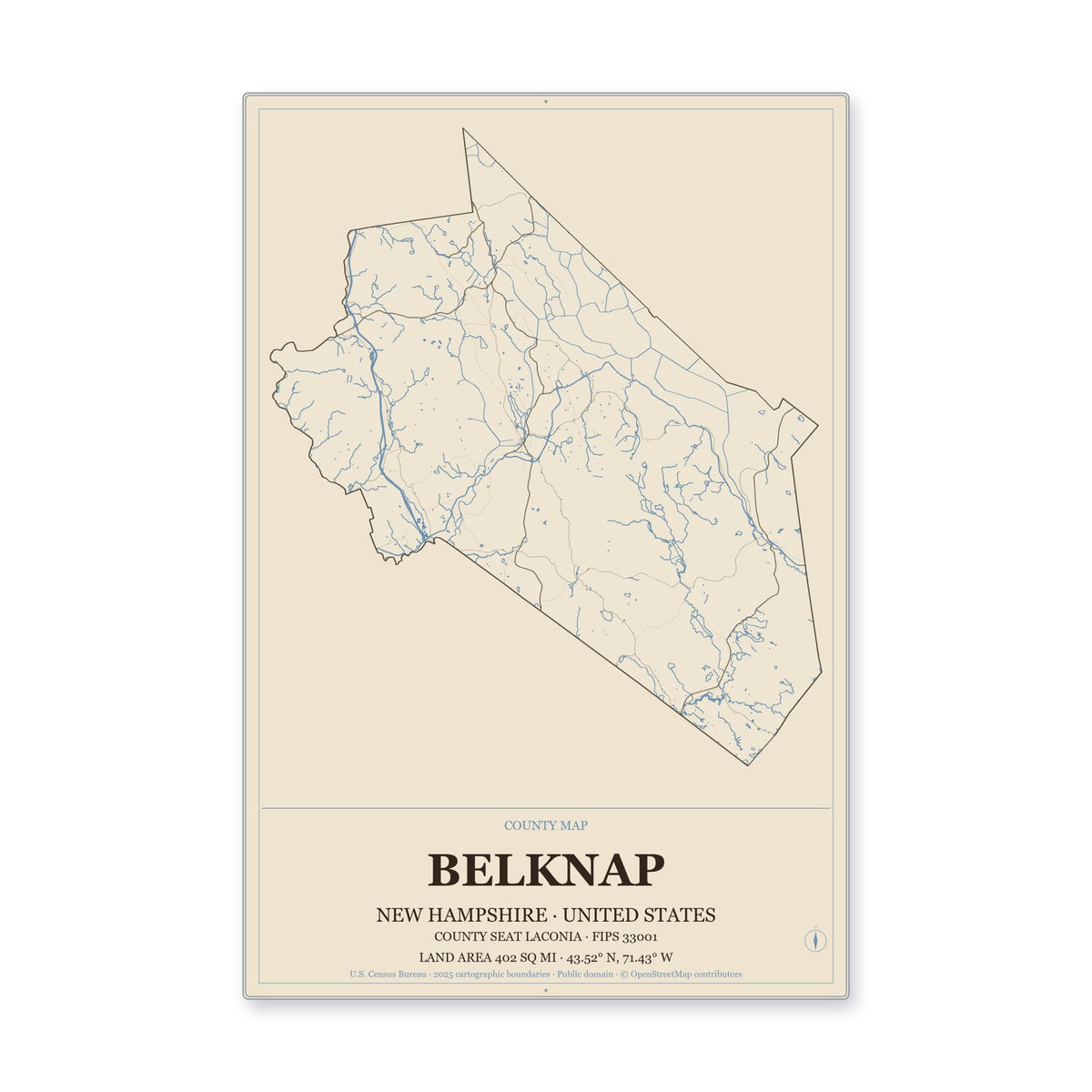 Belknap County, New Hampshire Map Aluminum Sign in Heritage Nautical style
