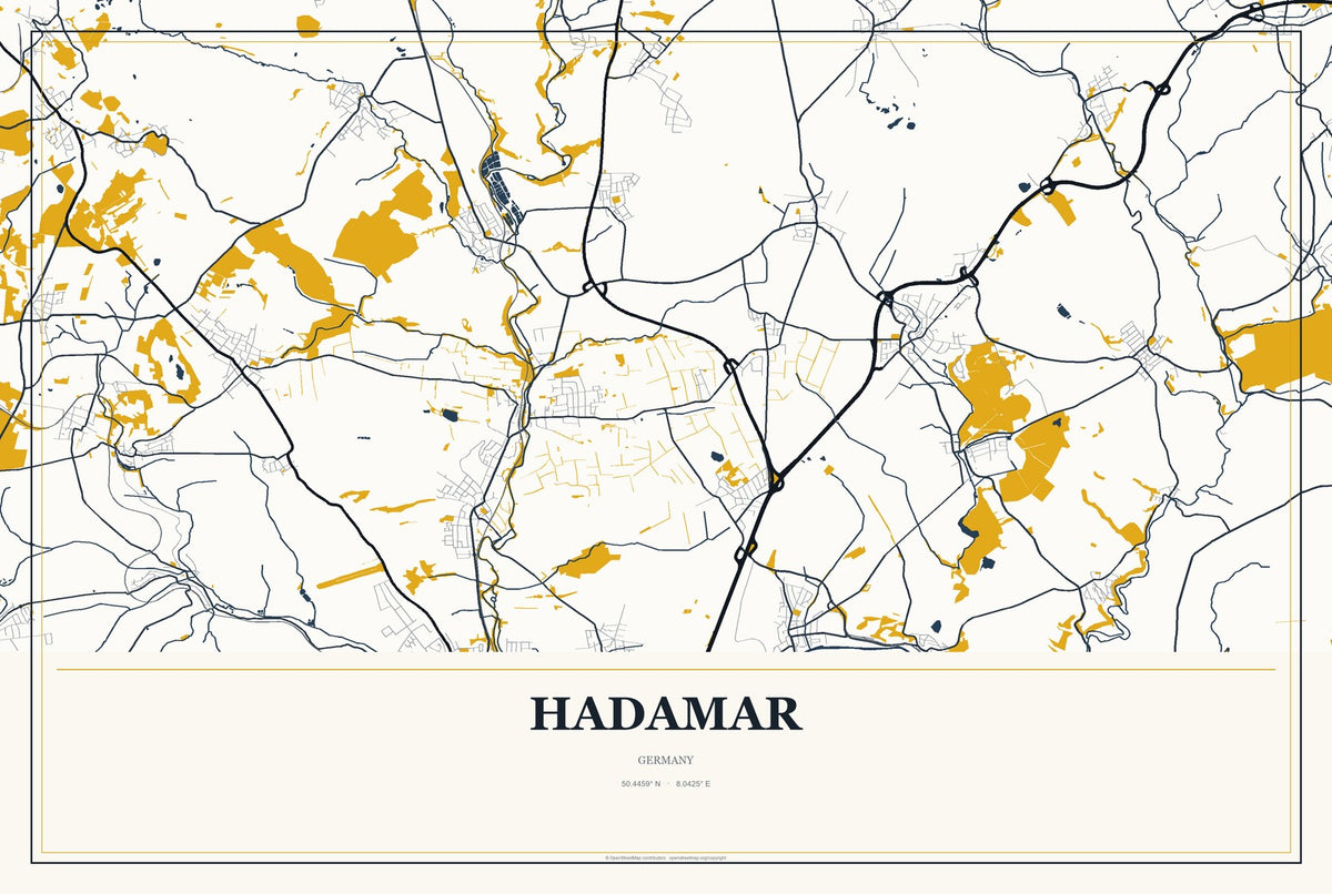 Hadamar, Germany City Map Aluminum Sign in Citrine Modern style