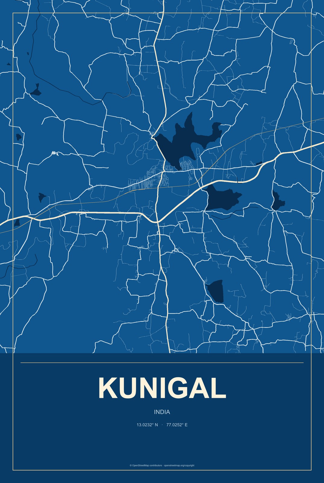 Kunigal, India City Map Aluminum Sign in Harbor Cobalt style