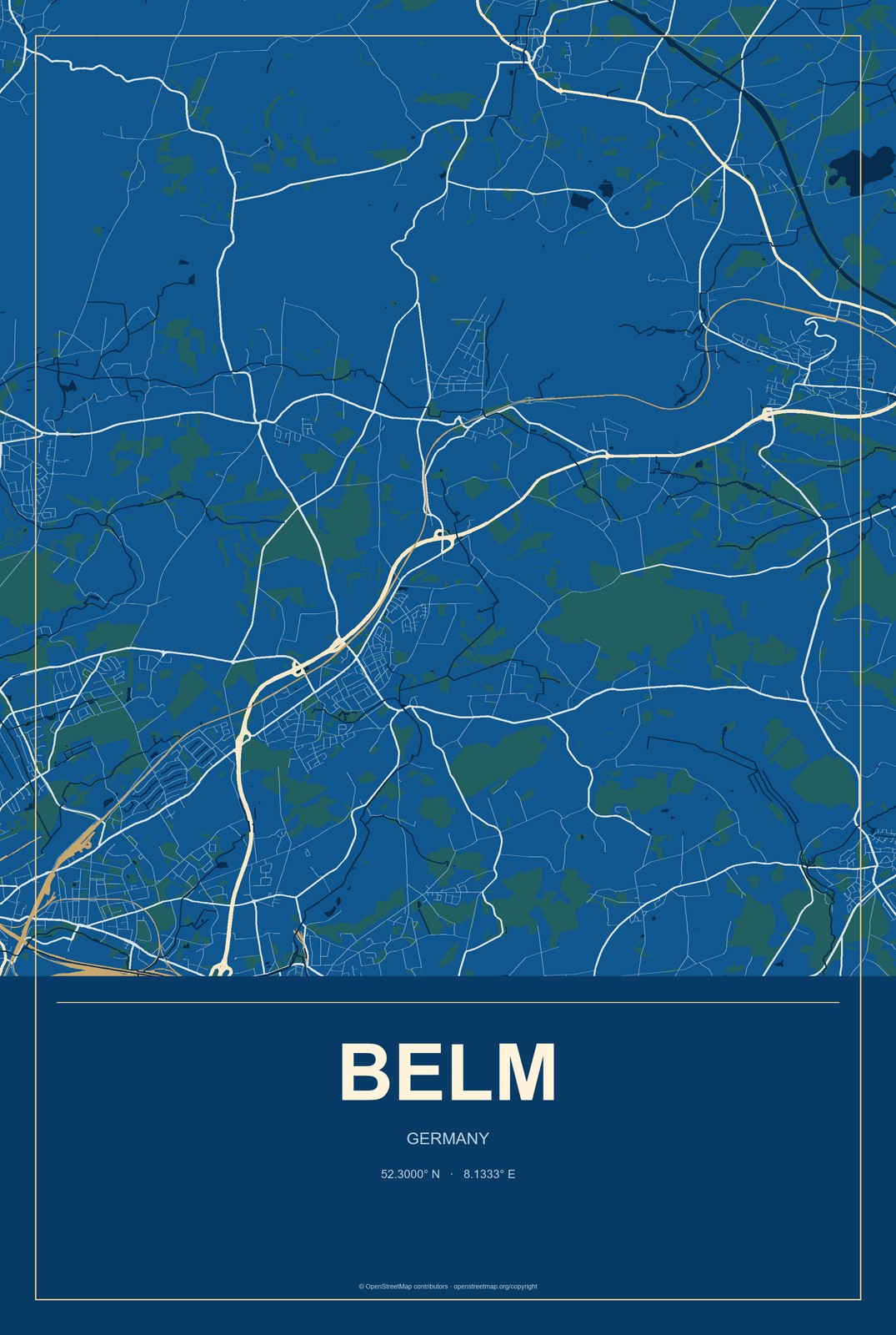 Belm, Germany City Map Aluminum Sign in Harbor Cobalt style