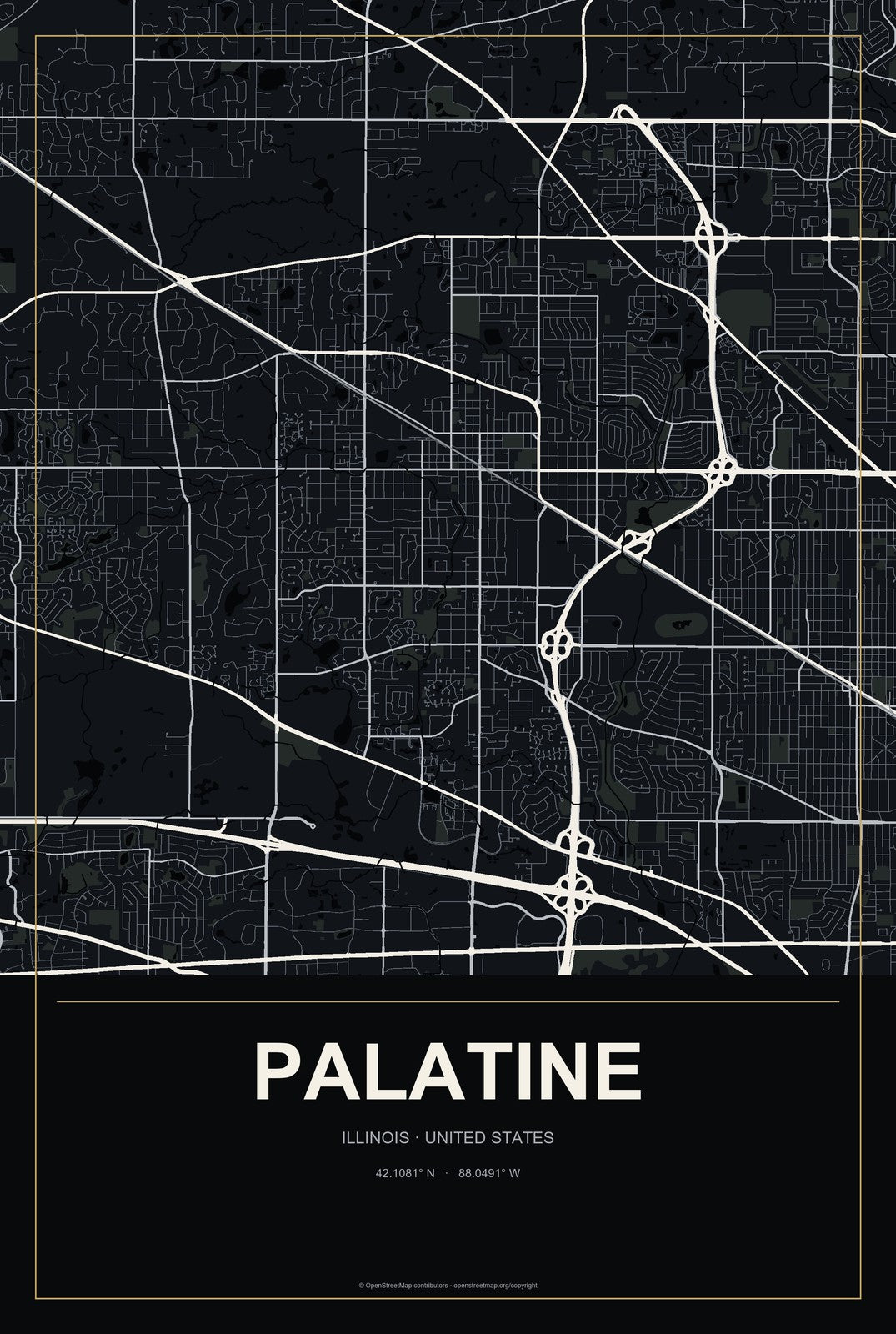 Palatine, Illinois City Map Aluminum Sign in Metropolitan Noir style
