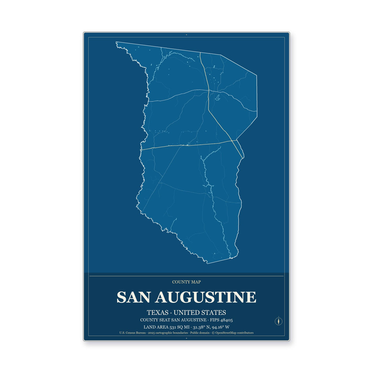 San Augustine County, Texas Map Aluminum Sign in Harbor Cobalt style