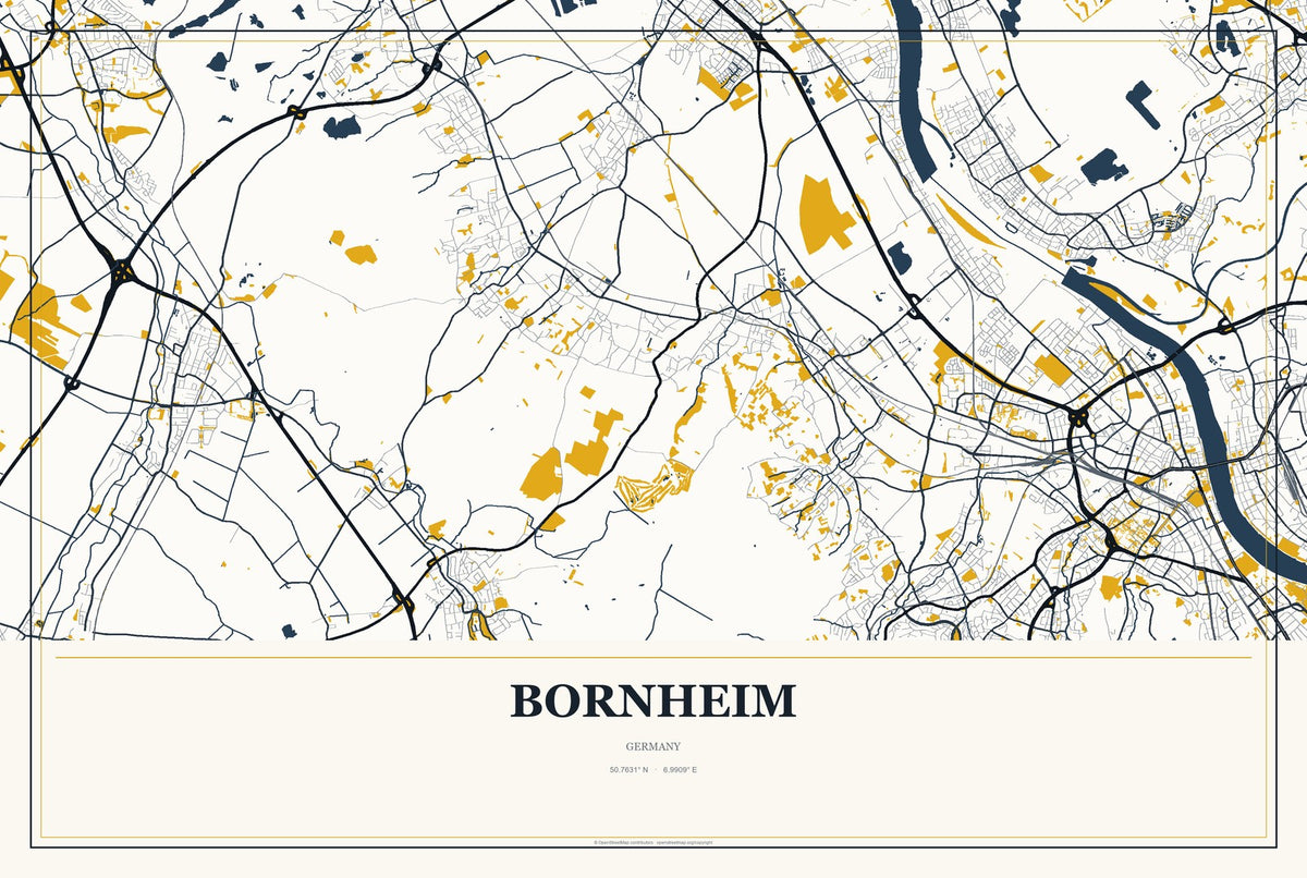 Bornheim, Germany City Map Aluminum Sign in Citrine Modern style