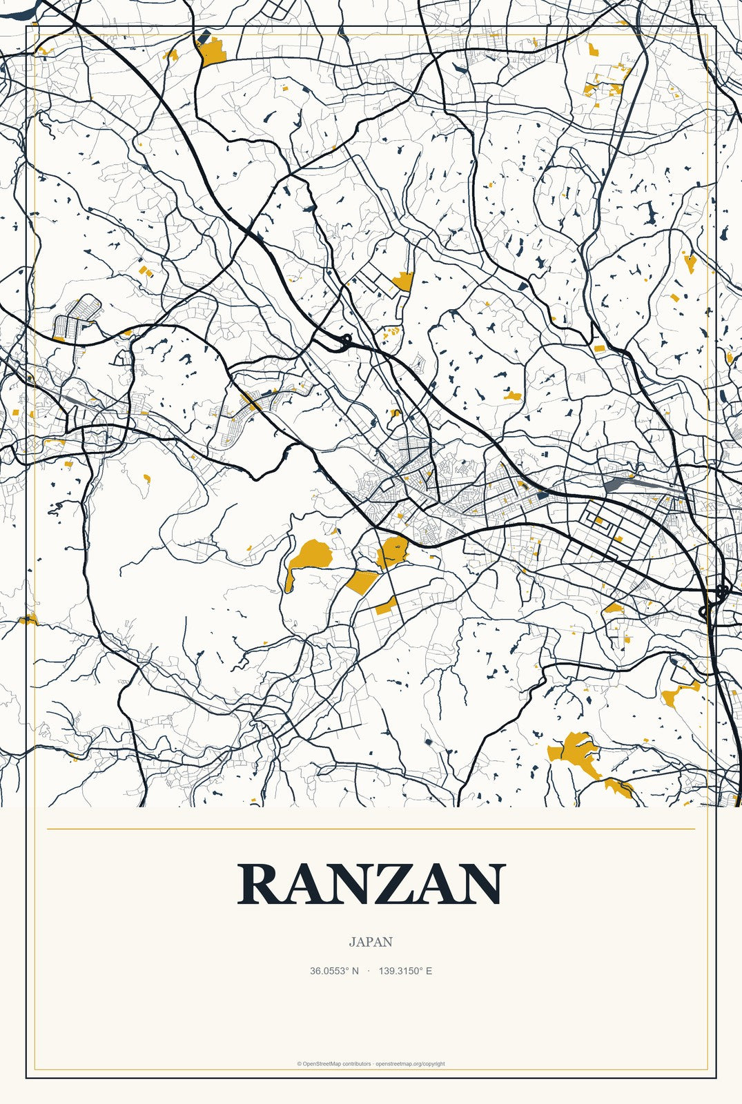 Ranzan, Japan City Map Aluminum Sign in Citrine Modern style