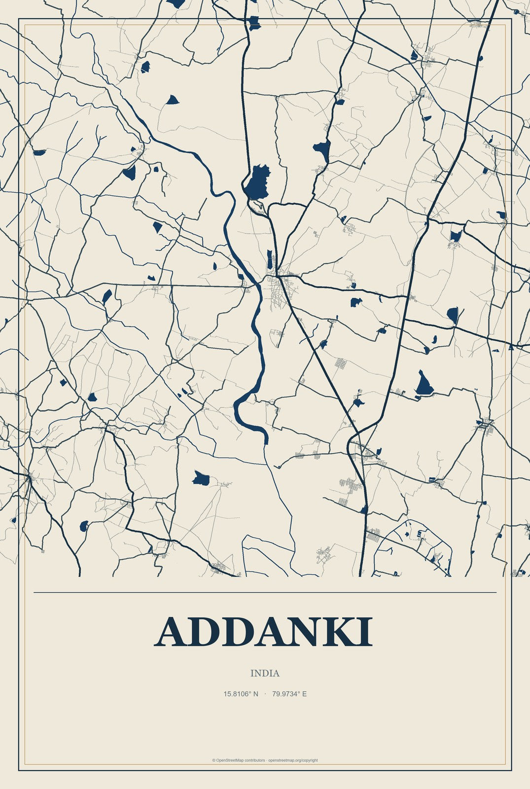 Addanki, India City Map Aluminum Sign in Coastal Cutout style
