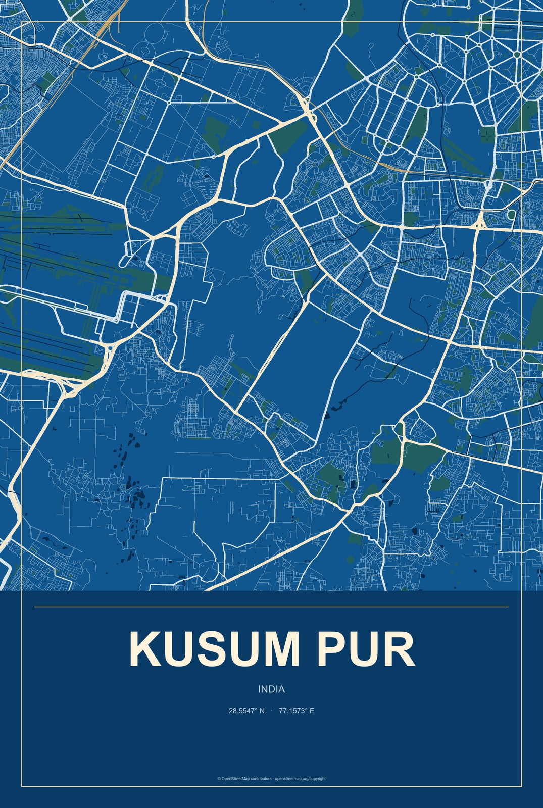 Kusum Pur, India City Map Aluminum Sign in Harbor Cobalt style
