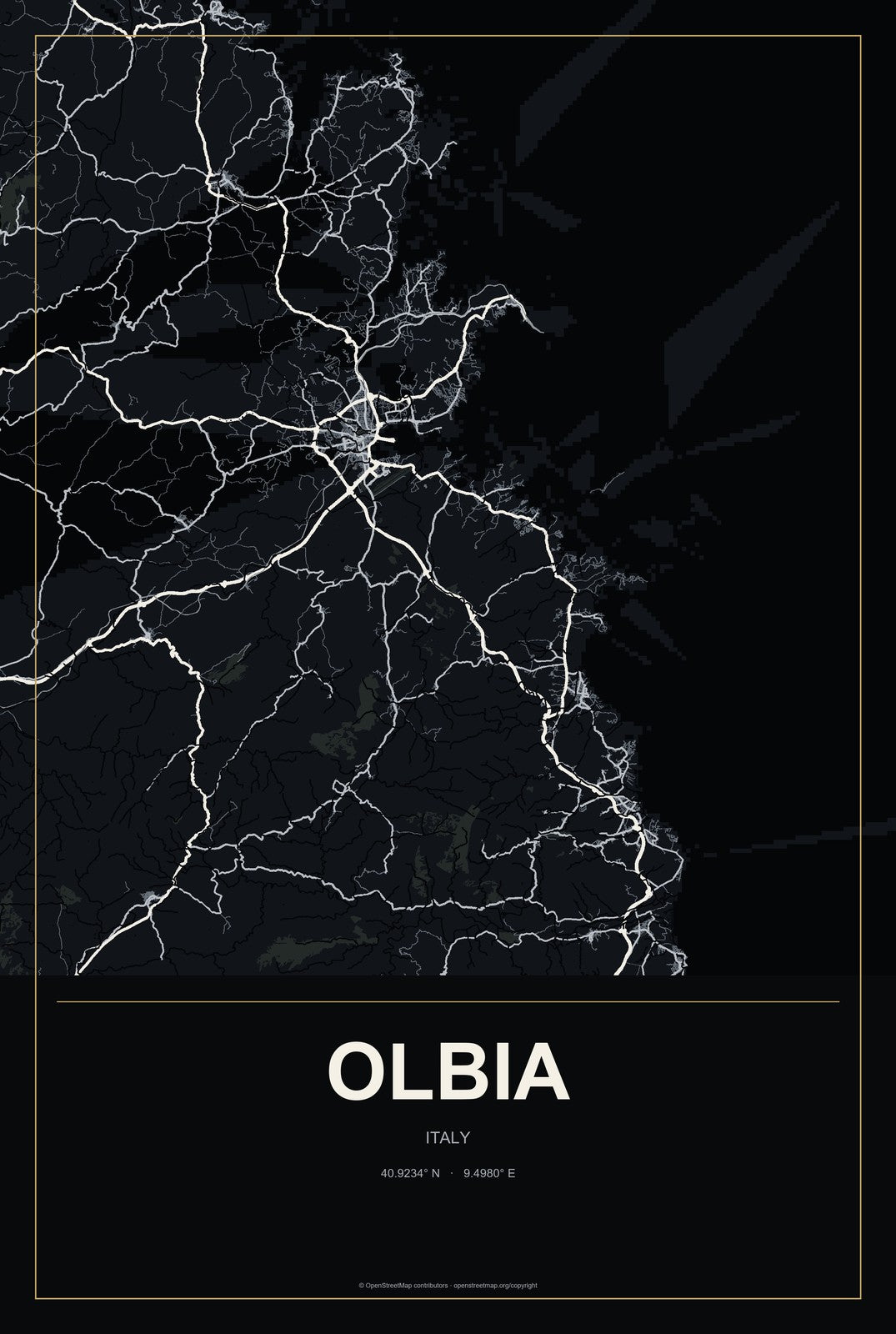 Olbia, Italy City Map Aluminum Sign in Metropolitan Noir style